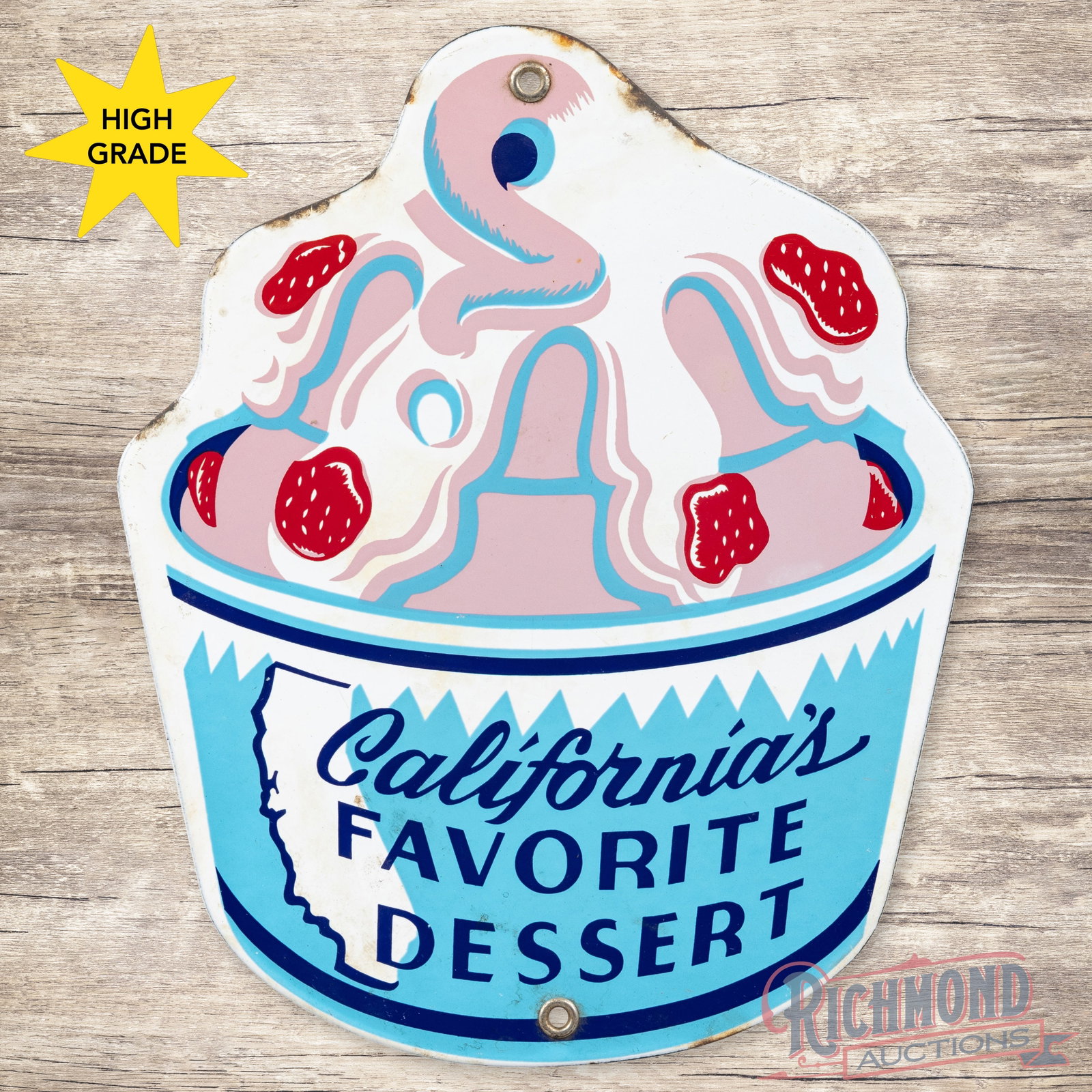 Foster's Freeze California's Favorite Dessert Single Sided Porcelain Sign: SSP (single sided porcelain) sign has excellent color and gloss. The display is clean with areas of slight discoloration in the field and perimeter. The perimeter has small chips along the upper edges
