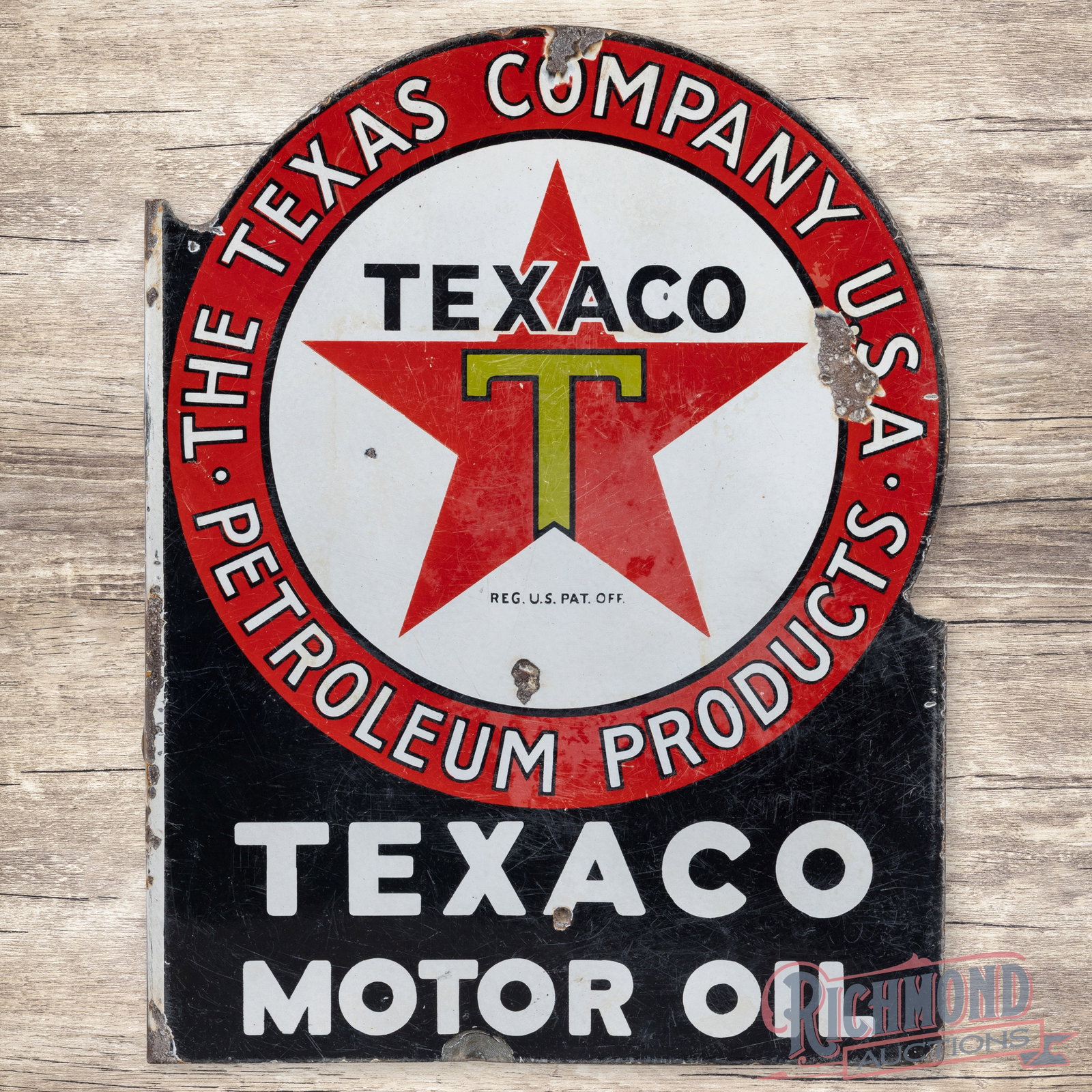 The Texas Company Texaco Motor Oil Double Sided Porcelain Flange Sign w/ Logo: DSP (double sided porcelain) flange has good color and moderate gloss. Side #1 has surface wear with chips, areas of cloudiness and two tiny non-factory holes in the field. The perimeter has a minor b