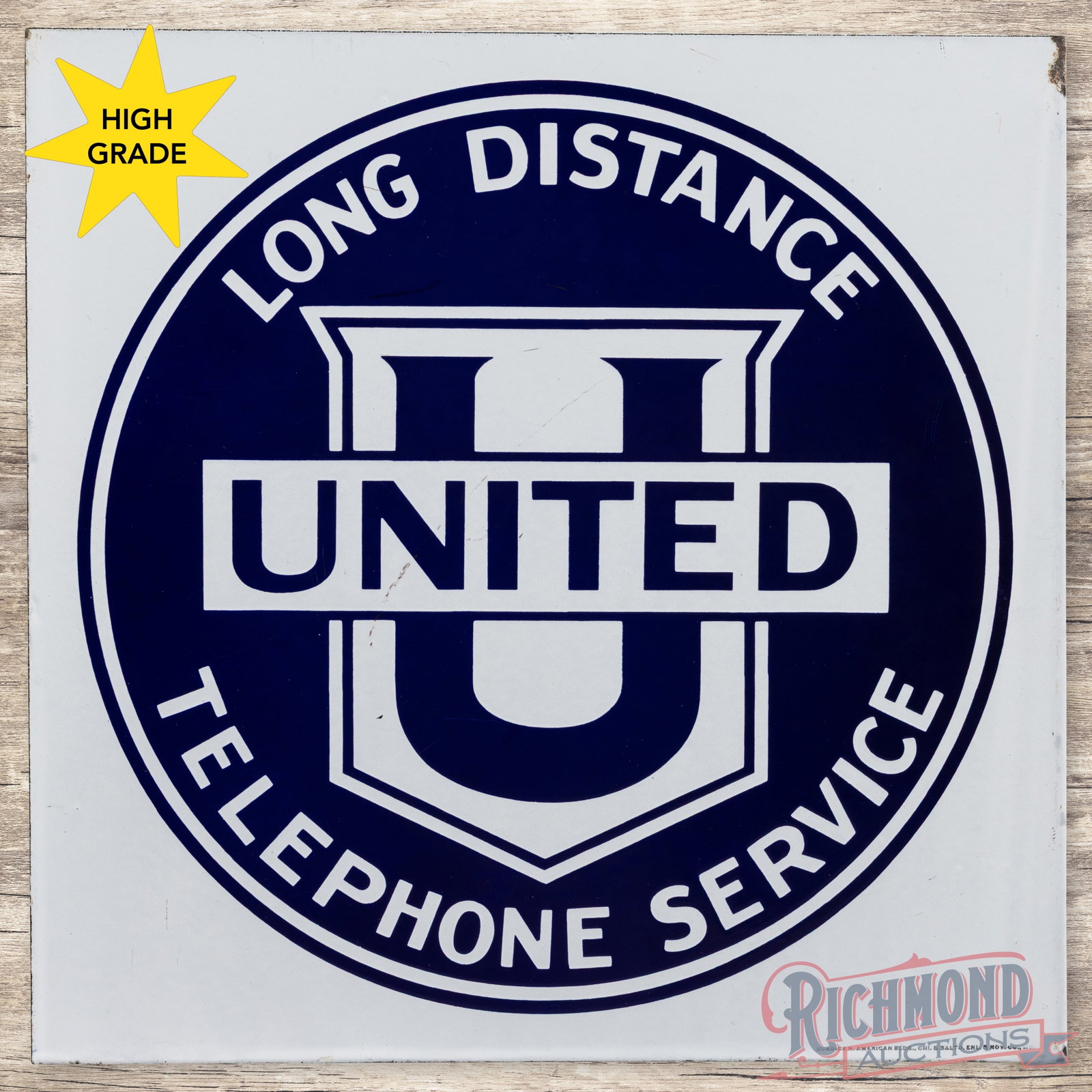 United Long Distance Telephone Service Double Sided Porcelain Flange Sign: DSP (double sided porcelain) flange has day one color and gloss. The display has a clean field and perimeter with a few minor imperfections. The reverse has light wear and marks in the logo with a sma