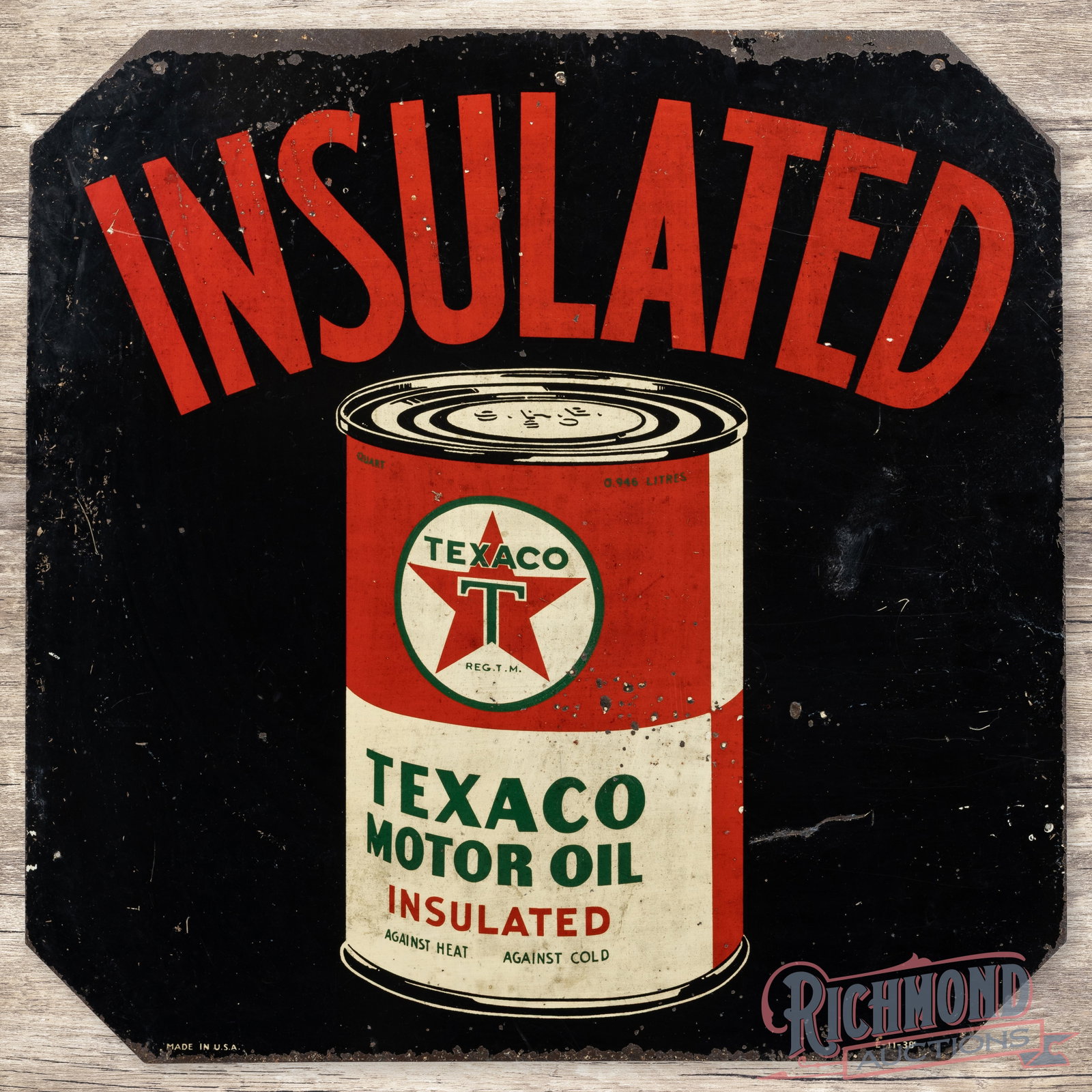 1938 Texaco Insulated Motor Oil 30" Double Sided Tin Sign w/ Quart Can: DST (double sided tin) sign has good color and shine. The display has surface wear with paint chips, discoloration and errant white paint drips. The perimeter has non-factory holes along the outer edg