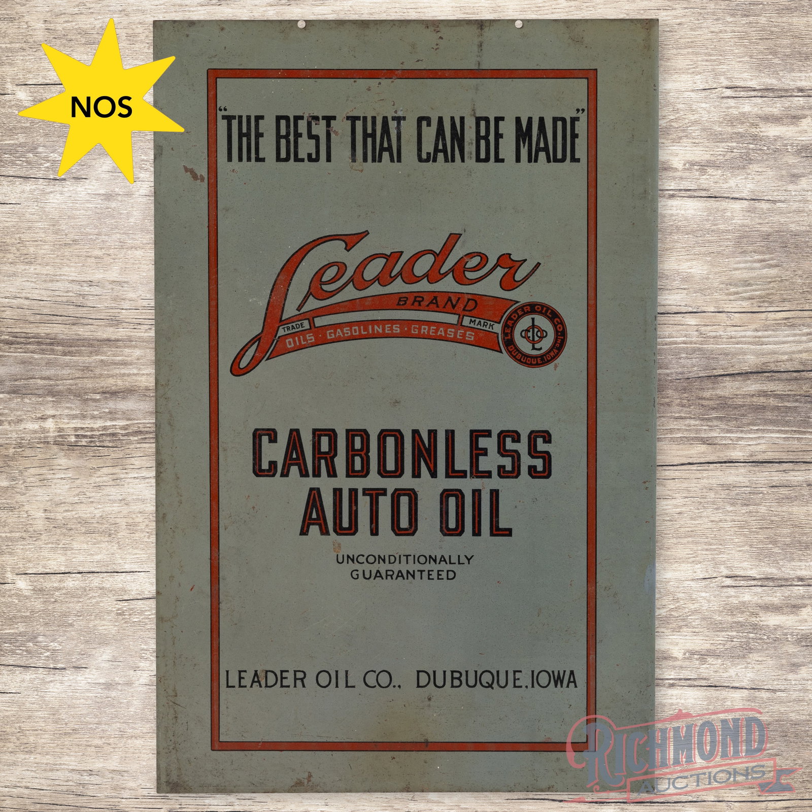 NOS Leader Oil Company Double Sided Tin Flange Sign Dubuque Iowa: DST (double sided tin) flange has excellent color and shine. The display has light wear and toning with factory rice paper covering a large portion of the surface. The reverse has additional wear with