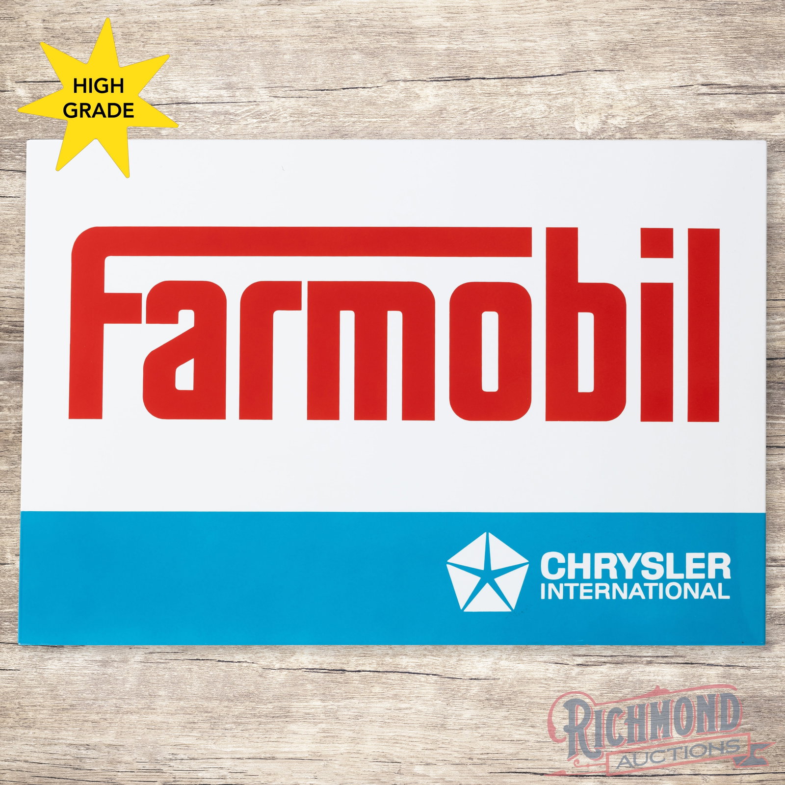 Farmobil Chrysler International Single Sided Porcelain Sign w/ Logo: SSP (single sided porcelain) rolled edge sign has day one color and gloss. The sign has a clean field and perimeter with a few minor storage marks in the outer fields. Overall an amazing find that wou