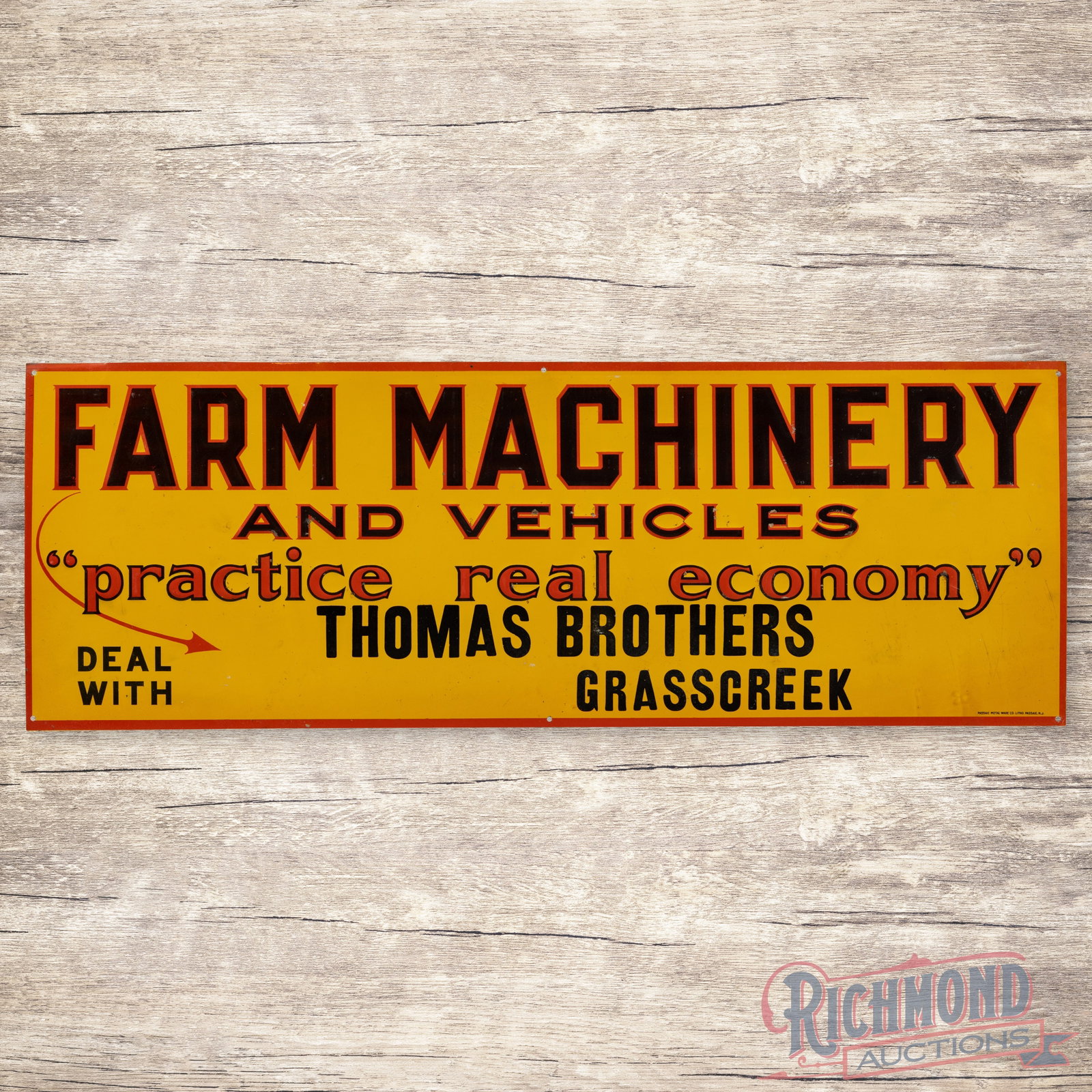 Oliver Farm Machinery and Vehicles "Practice Real Economy" Emb. Single Sided Tin Sign: SST (single sided tin) embossed sign has excellent color and shine. The field has faint paper marks with light wear and tiny pieces of paper residue on the lettering. Marked Passaic Metal Ware Co., Li