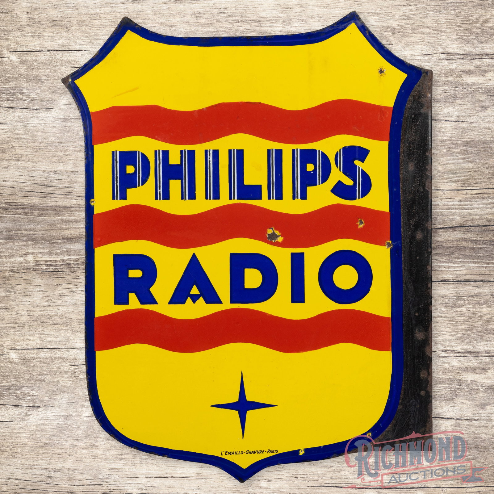 Philips Radio Die Cut Double Sided Porcelain Flange Sign: DSP (double sided porcelain) die cut flange has excellent color and gloss. Side #1 has a small factory blemish in the right field, a tiny flea bite and minor marks. The perimeter has chips along the o