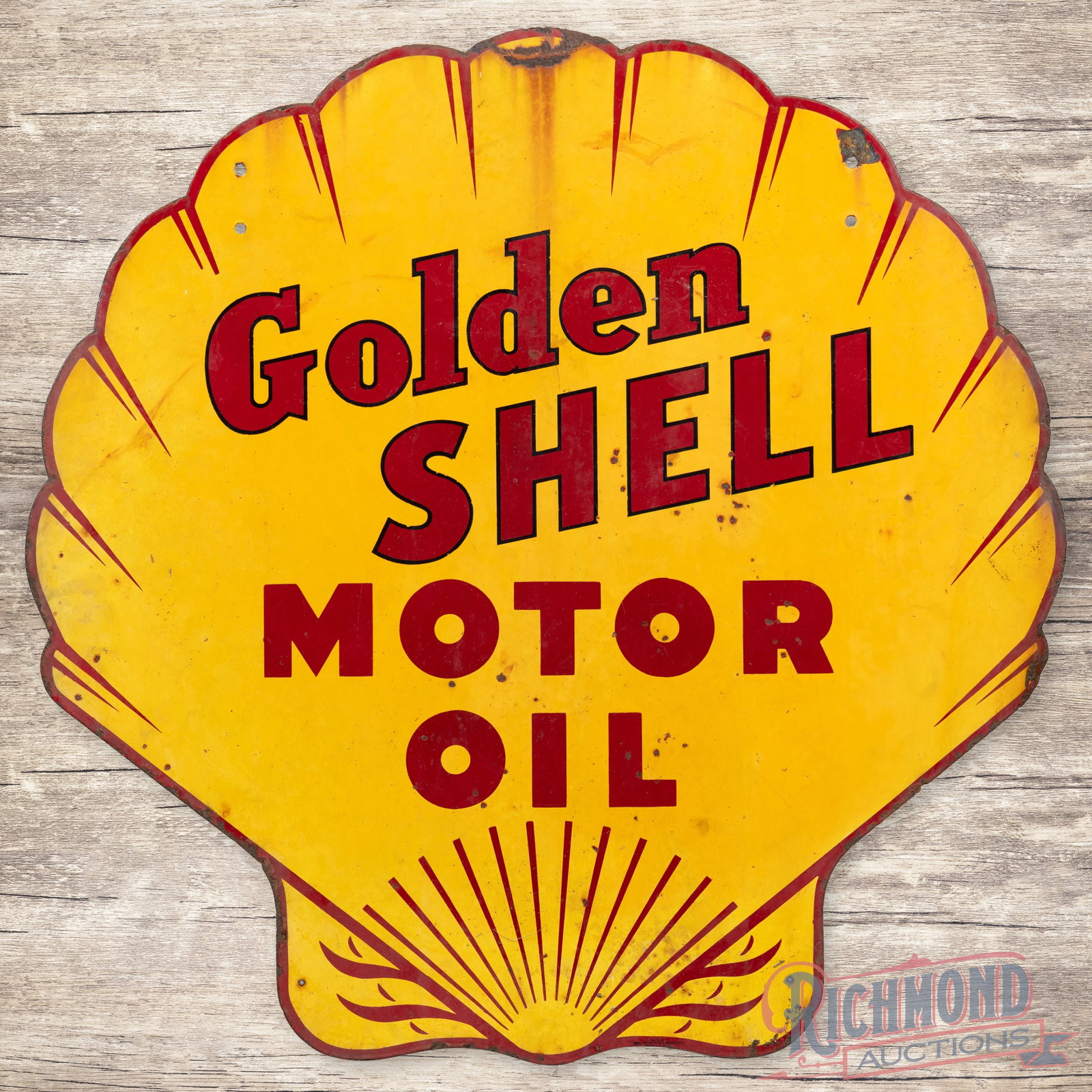 Golden Shell Motor Oil 36" Double Sided Porcelain Sign: DSP (double sided porcelain) sign has good color. Side #1 has moderate gloss with chips, wear and discoloration. The perimeter has a bend on the upper edge and left hand edge. The reverse has addition