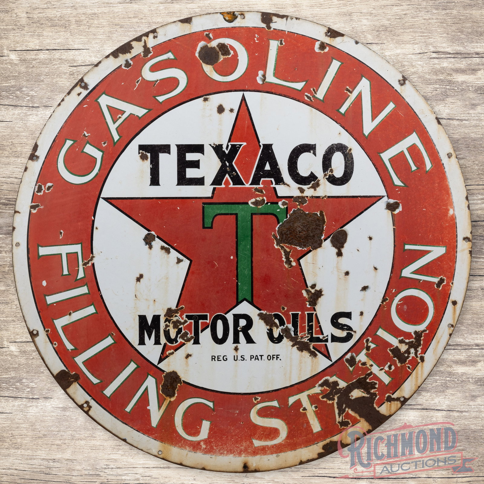 Texaco Gasoline Filing Station 42" Single Sided Porcelain Sign: Iconic SSP (single sided porcelain) sign has good color and moderate gloss. The sign presents with general wear throughout. The field has chips and discoloration. The outer fields and perimeter have f