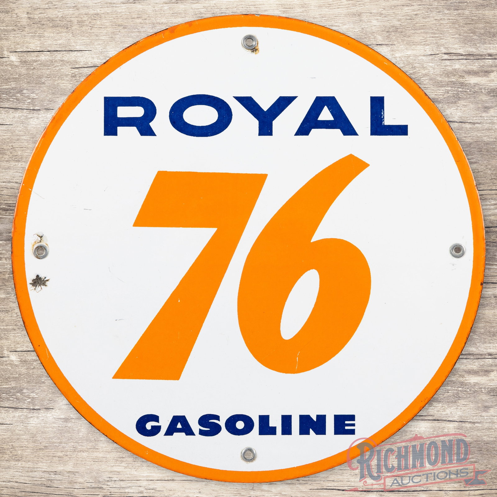 Royal Union 76 Gasoline Single Sided Porcelain Pump Plate Sign: SSP (single sided porcelain) pump plate has very good color and gloss. The field has light wear with a scratch on the lower edge of the "6". The perimeter has chips at the upper and left mounting hole