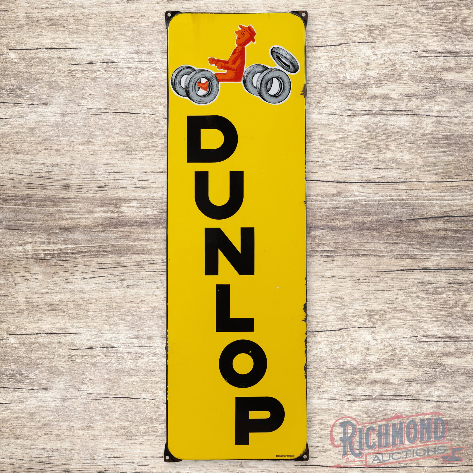 Dunlop Single Sided Porcelain Vertical Sign French: French SSP (single sided porcelain) Dunlop vertical sign with tabs. I has good color and gloss. It shows light wear with some chipping mainly around the edge and some areas of crazing/discoloration. M