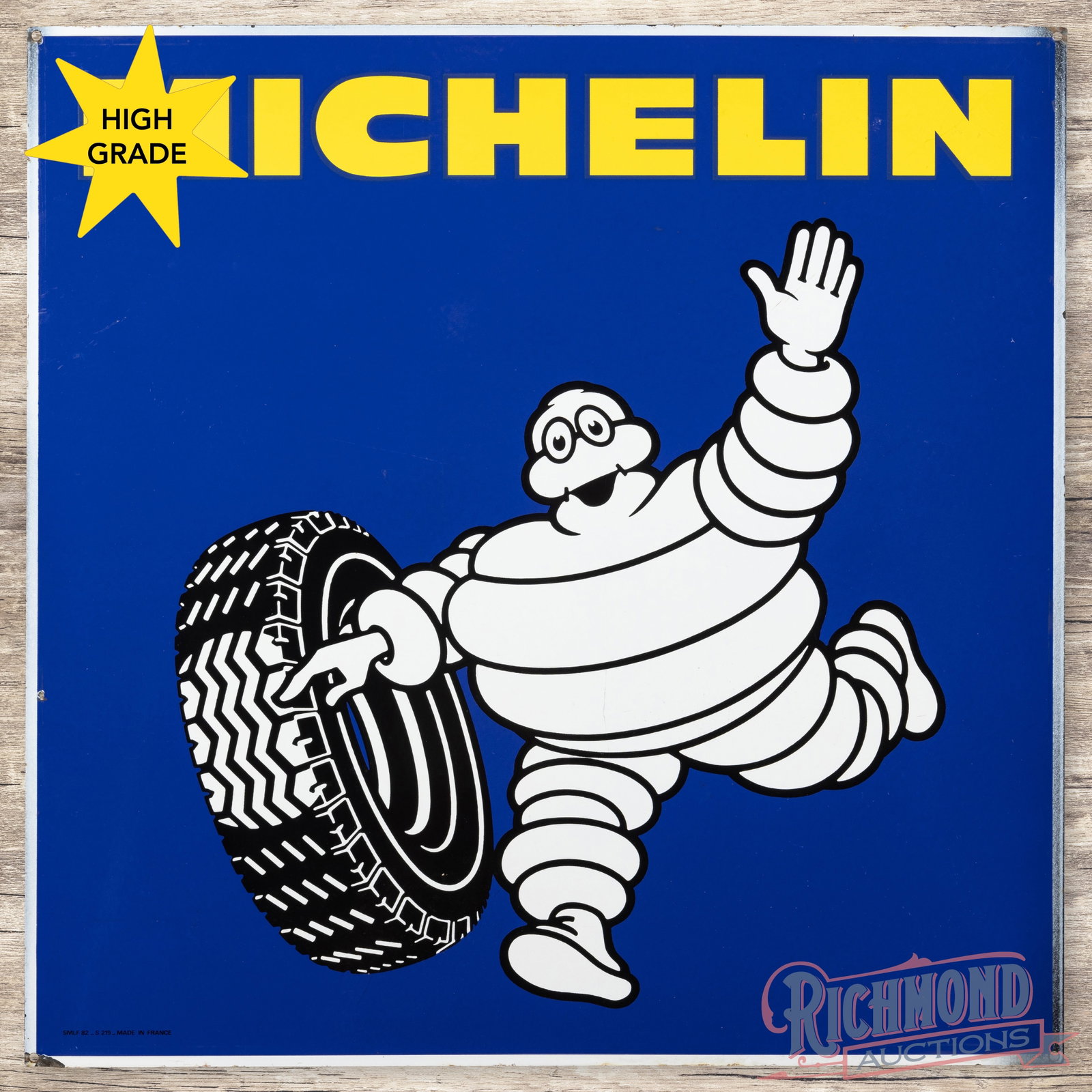 Michelin Tires Double Sided Porcelain Sign French: French Michelin DSP (double sided porcelain) square sign with Bibendum. It has excellent color and gloss. It shows light wear with areas of discoloration and chipping. Marked Made In France. Overall i