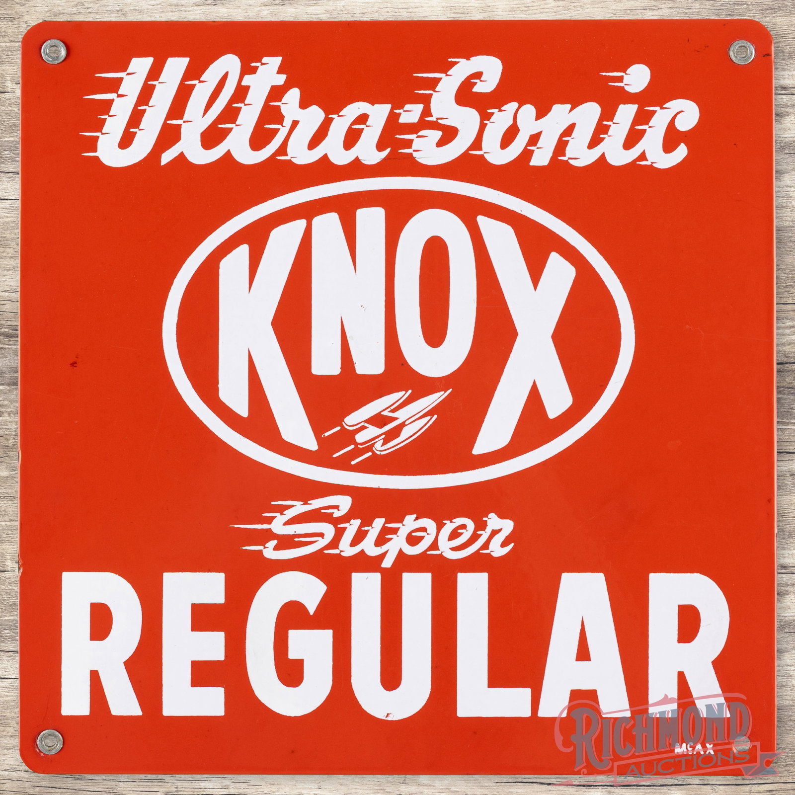 Knox Ultra-Sonic Super Regular Single Sided Porcelain Pump Plate Sign: Knox Super Regular SSP (single sided porcelain) pump plate. It has very good color and gloss. It shows light wear throughout and is marked McAX. Overall a great example of this sign that displays very