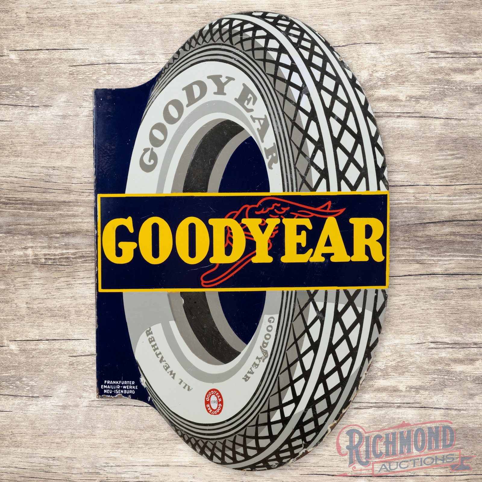 Goodyear All Weather Tires Double Sided Porcelain Flange Sign German (1 of 4)