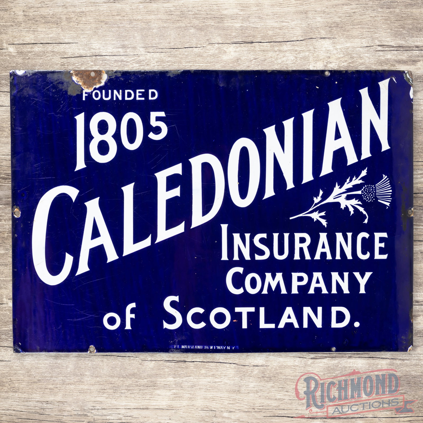 Caledonian Insurance Company of Scotland Founded 1805 Single Sided Porcelain Sign: SSP (single sided porcelain) sign has excellent color and gloss. The display has light surface wear. The perimeter has a chip at the upper left mount holes, minor edge chips and a small bend on the ri