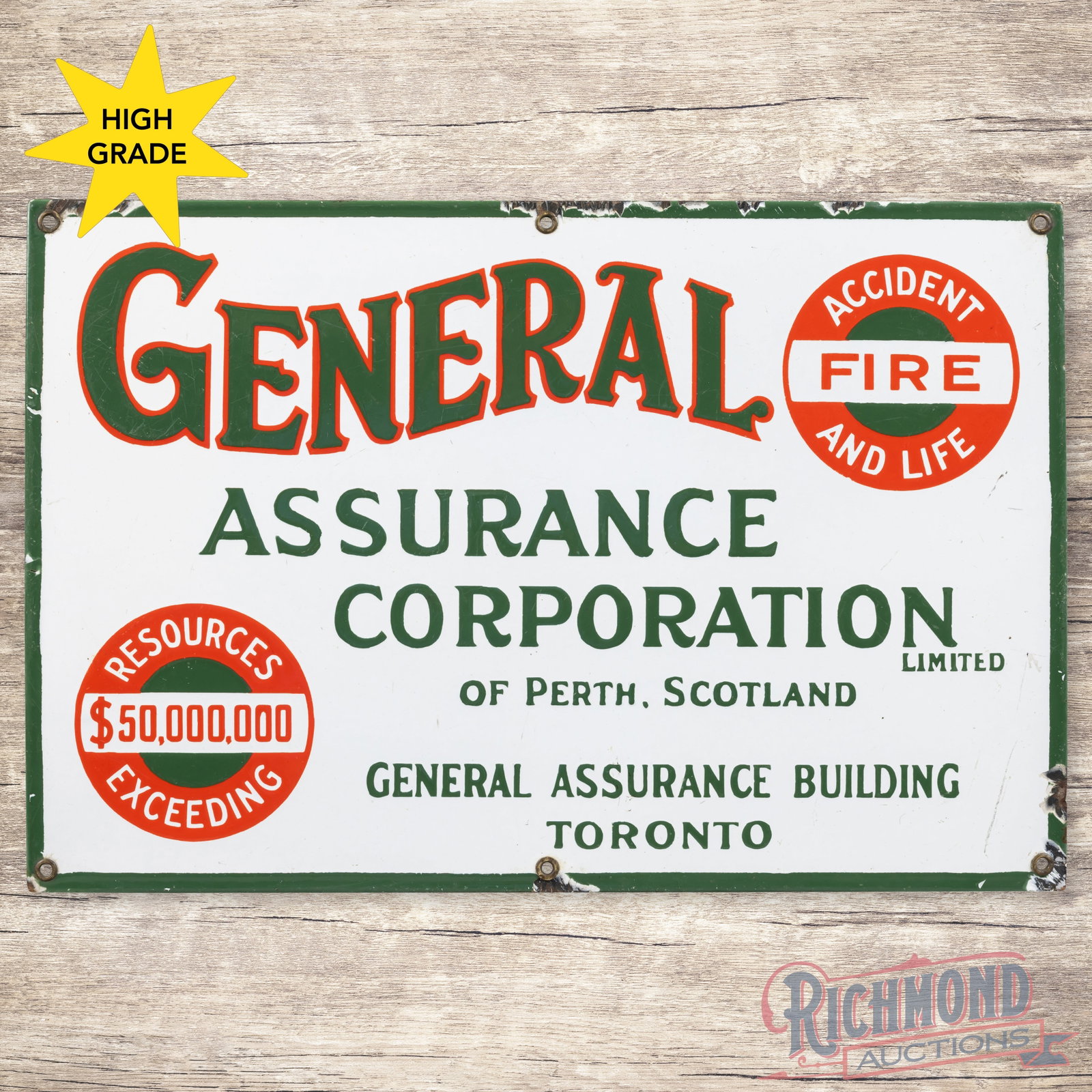 General Assurance Corporation of Perth Scotland Single Sided Porcelain Sign w/ Logo: SSP (single sided porcelain) sign has excellent color and gloss. The field is clean. The perimeter has fine scratches with chips along the outer edges. All six factory grommets are present. The sign d