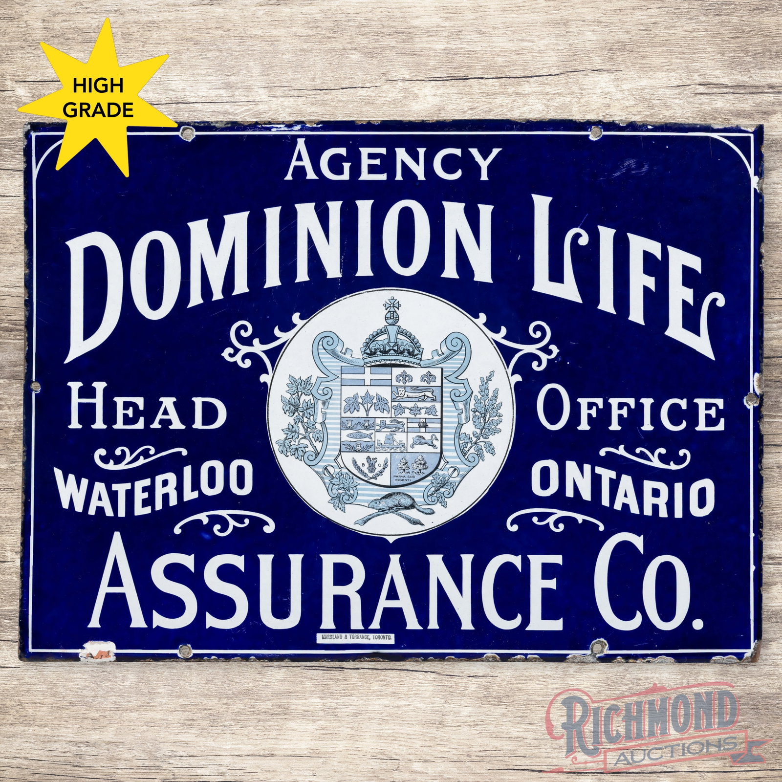 Agency Dominion Life Waterloo Ontario Single Sided Porcelain Sign w/ Crest Logo: SSP (single sided porcelain) sign has excellent color and gloss. The field has tiny factory blemishes with minor surface wear. The perimeter has small chips along the edges and a tiny bend on the lowe