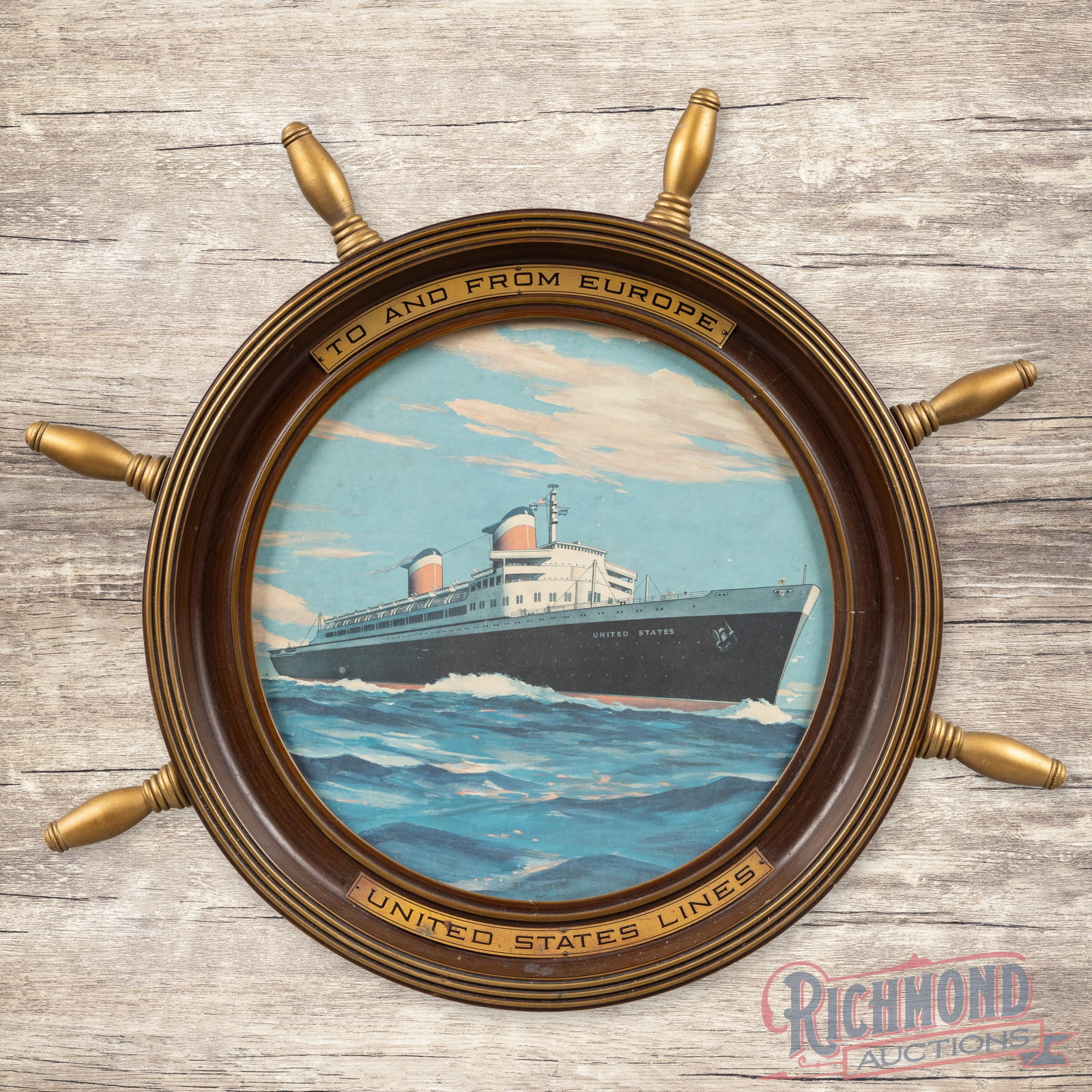 S.S. United States Lines "To and From Europe" Advertising Ships Wheel Display Sign (1 of 3)