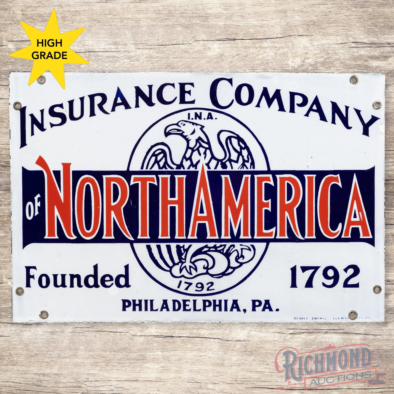 Insurance Company of North America Founded 1792 Single Sided Porcelain Sign w/ Eagle Logo: SSP (single sided porcelain) sign has excellent color and gloss. The display is clean with minor surface imperfections. The perimeter has small color matched chips along the outer edges. Seven factory