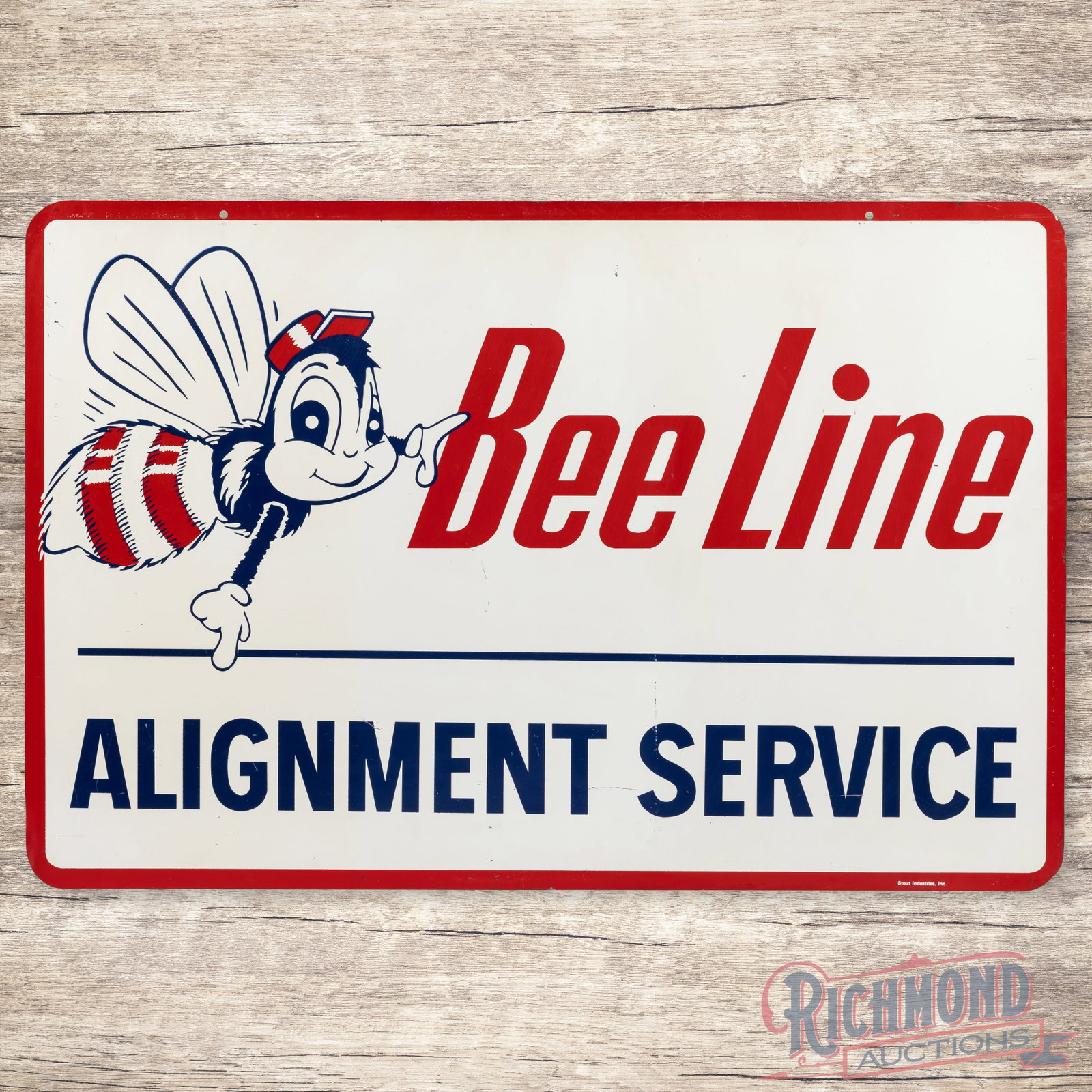 Bee Line Alignment Service Double Sided Tin Sign w/ Bee Mascot: DST (double sided tin) sign has very good color and shine. Side #1 has light wear with paper marks and small areas of paper residue in the outer fields. The perimeter has a few small paint chips, mino