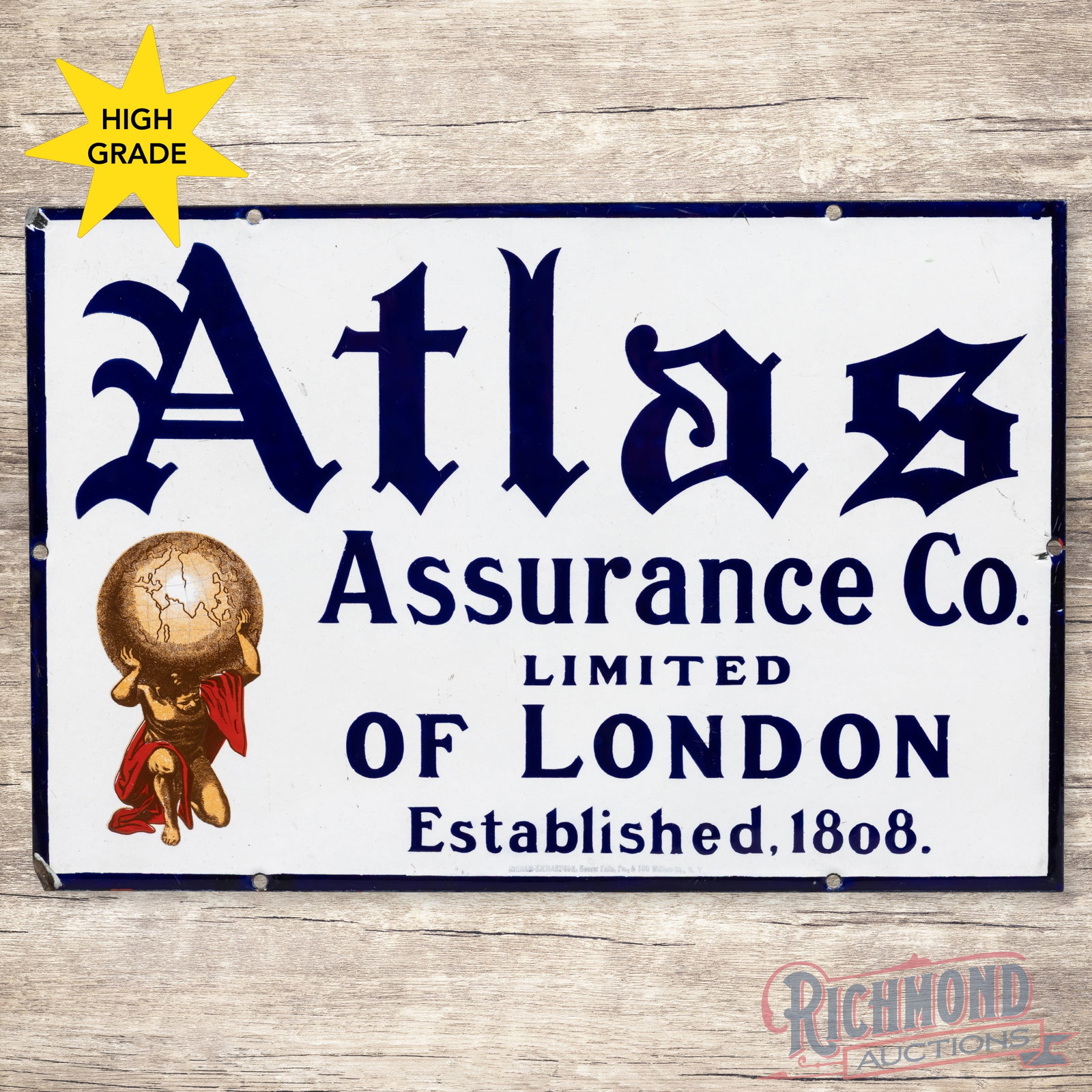 Atlas Assurance Co. Limited of London Single Sided Porcelain Sign w/ Logo: SSP (single sided porcelain) sign has outstanding color and gloss. The sign features a detailed graphic of the Greek god Atlas holding the world in the left outer field. The display has light surface 