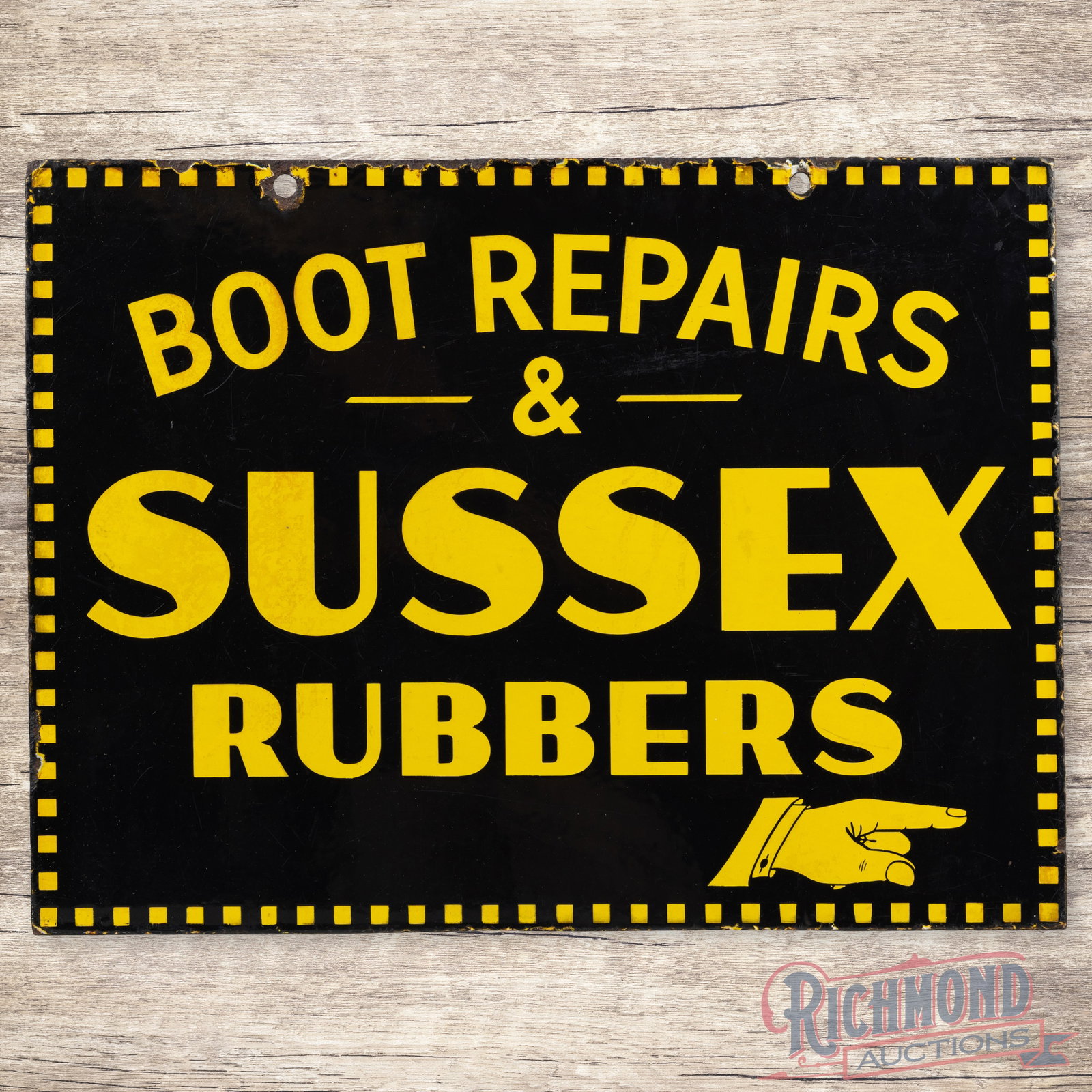 Boot Repairs & Sussex Rubbers Double Sided Porcelain Sign w/ Finger Pointer: DSP (double sided porcelain) sign has very good color and gloss. Side #1 has light wear, fine scratches and minor discoloration in the lettering. The perimeter has small chips and wear along the outer