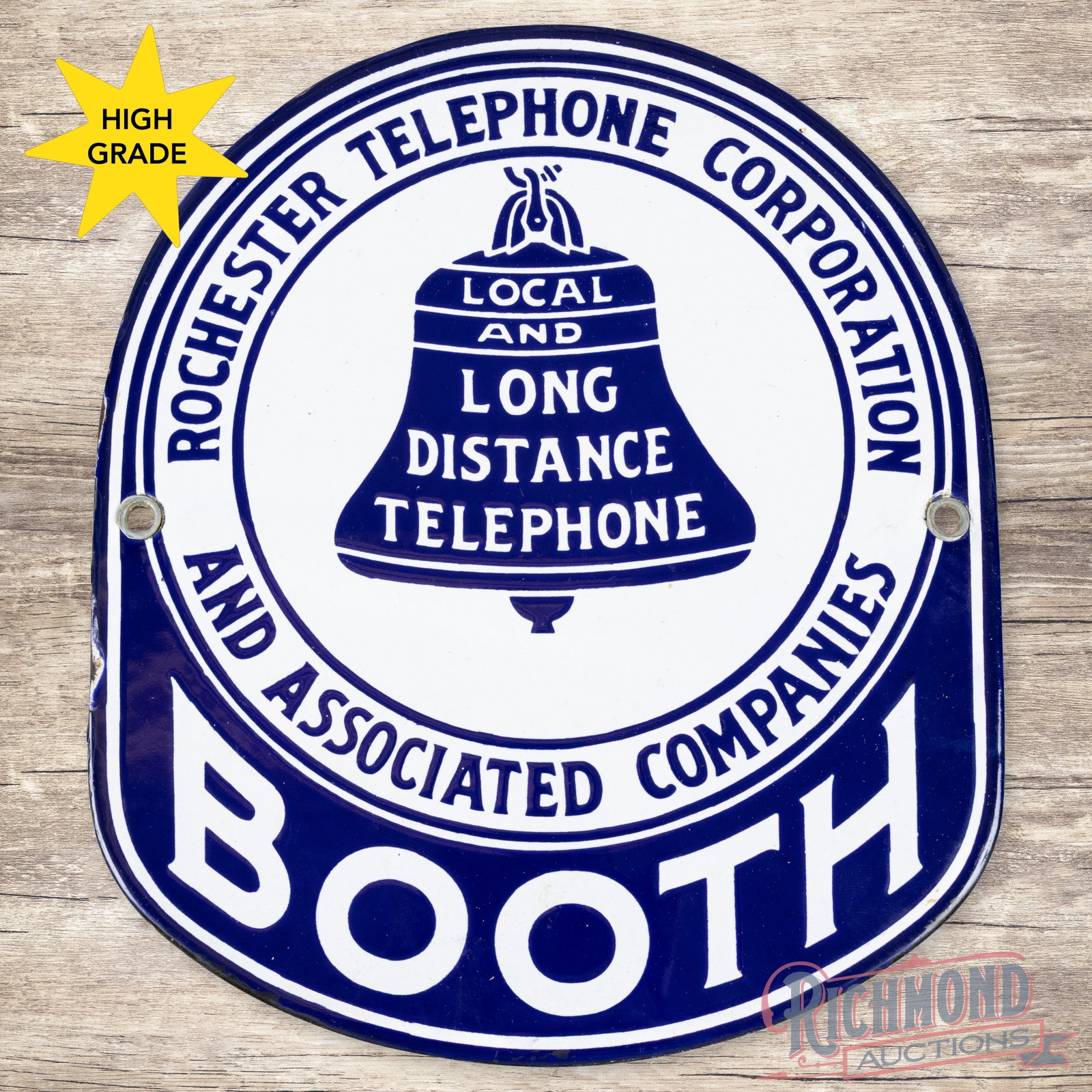 Rare Rochester Telephone Corp Local and Long Distance Booth Single Sided Porcelain Sign w/ Bell Logo: SSP (single sided porcelain) convex sign has day one color and gloss. The sign features a clean field with two minor chips along the left hand edge. Both factory grommets are present. Overall an outst