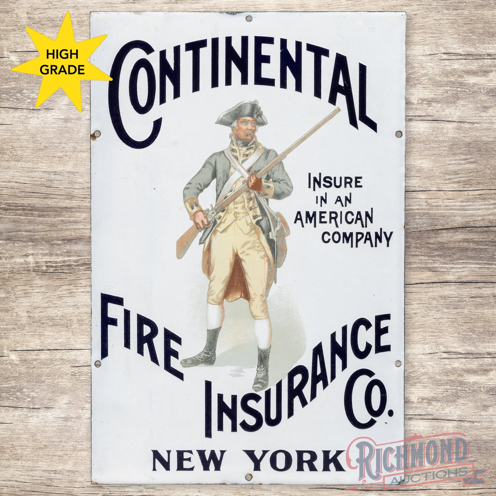 Continental Fire Insurance Co. New York Single Sided Porcelain Sign w/ Soldier: SSP (single sided porcelain) sign has excellent color and gloss. The sign features a highly detailed lithograph soldier graphic in the field. The display is clean. The perimeter has a few tiny edge ch
