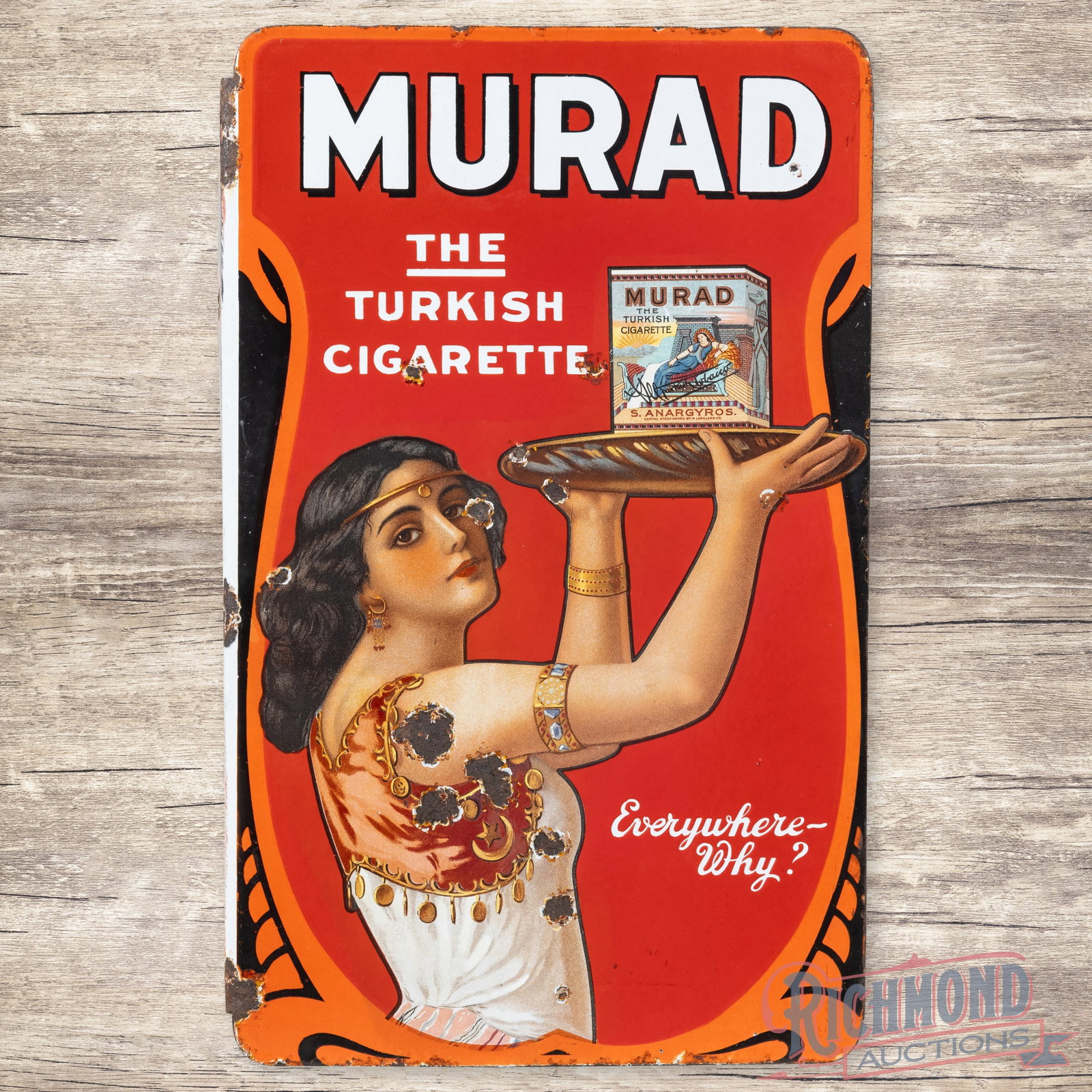 Murad The Turkish Cigarette Double Sided Porcelain Flange w/ Lady: DSP (double sided porcelain) flange has excellent color and gloss. The sign features a highly detailed image of a lady holding a tray with a Murad Turkish cigarette pack. Side #1 has a clean field wit