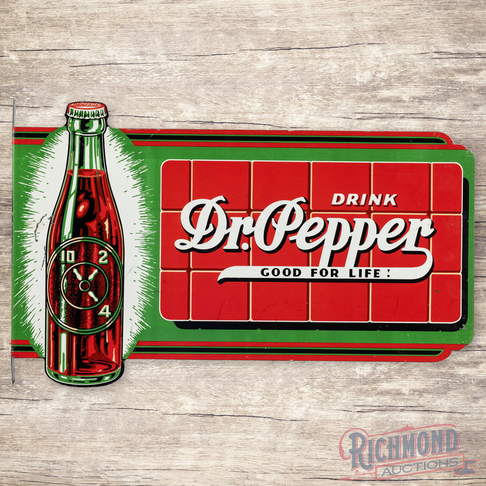 Drink Dr. Pepper Good for Life! Die Cut Double Sided Tin Flange Sign w/ Bottle: DST (double sided tin) die cut flange has excellent color and shine. Side #1 has light wear, fine scratches and tiny factory blemishes in the right field. The outer fields have three areas of sticker 
