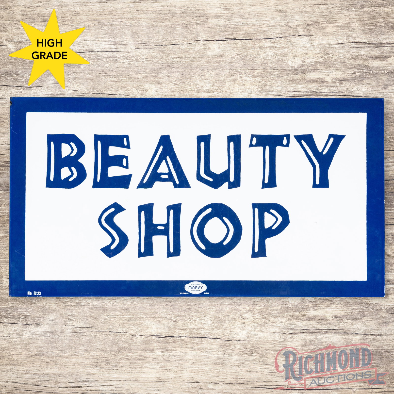 NOS Beauty Shop Marvy Double Sided Porcelain Flange Sign: NOS (new old stock) DSP (double sided porcelain) flange with the factory mounting hardware has excellent color and gloss. The display has a clean field with faint paper marks. The perimeter has a few 