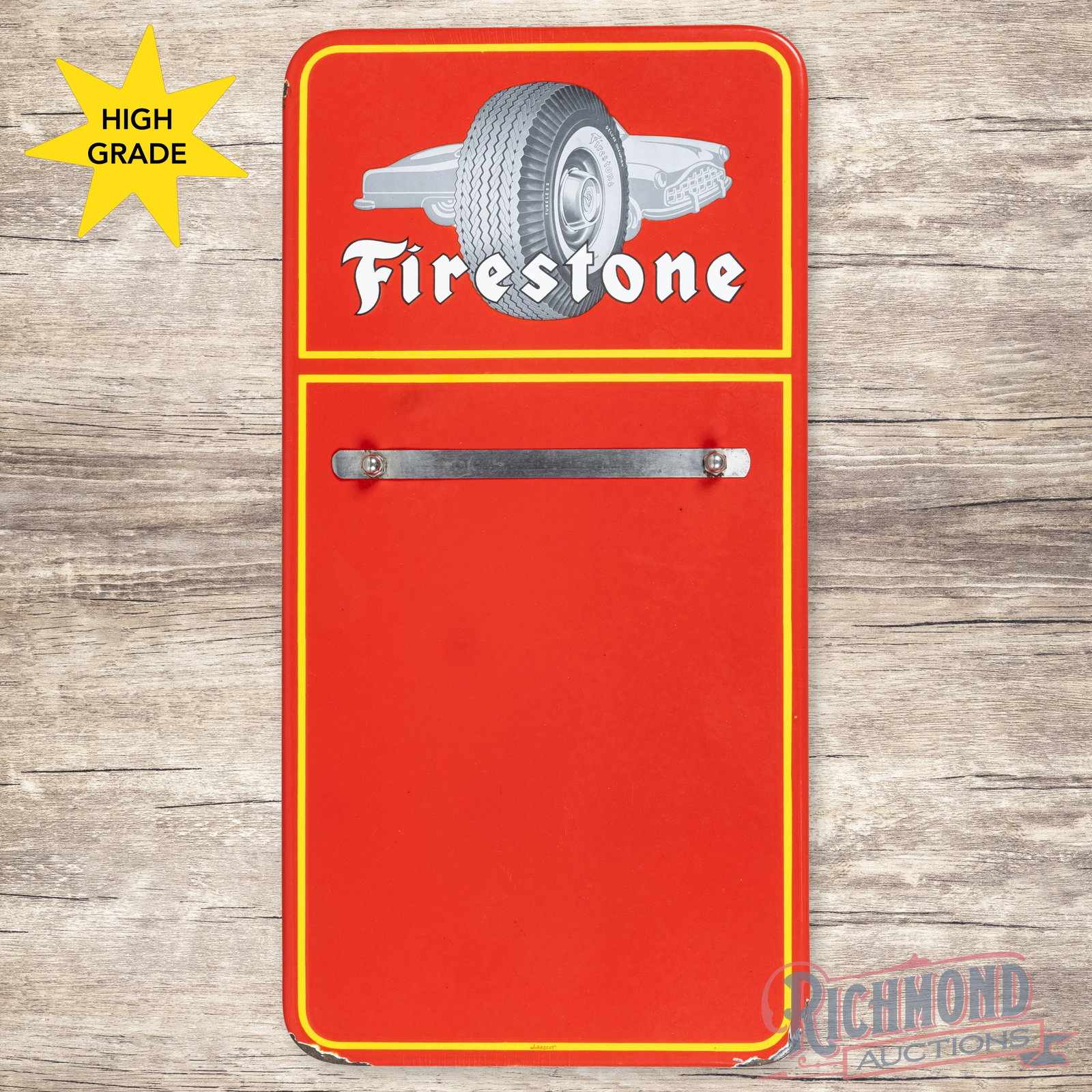 Amazing Firestone Tires Single Sided Porcelain Sign w/ Automobile (1 of 3)