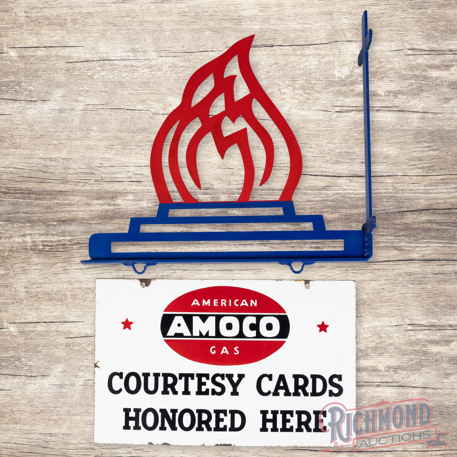Amoco American Gas Courtesy Cards Honored Here Double Sided Porcelain Sign w/ Flame Bracket: DSP (double sided porcelain) sign with a custom flame mounting bracket has very good color and gloss. Side #1 has light wear with areas of faint cloudiness to the white porcelain enamel. The perimeter