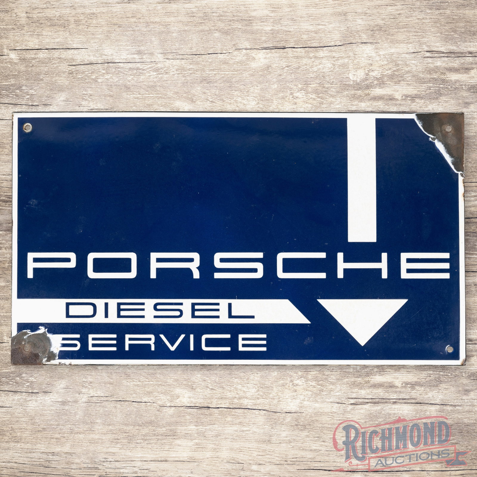 Porsche Diesel Service Single Sided Porcelain Sign: SSP (single sided porcelain) sign has very good color and gloss. The fields are clean with areas of slight discoloration to the white porcelain enamel. The perimeter has large chips at the upper right