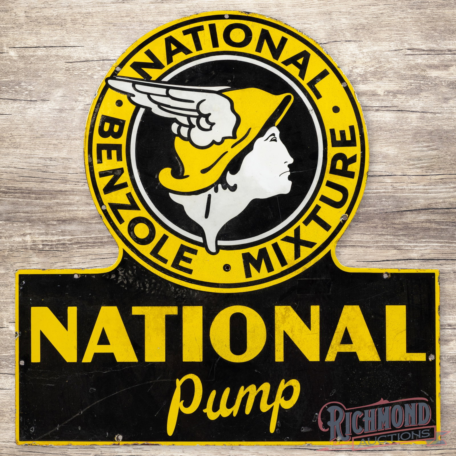 National Benzole Mixture National Pump Die Cut Single Sided Porcelain Keyhole Sign w/ Logo: SSP (single sided porcelain) die cut keyhole sign has excellent color. The sign features a large graphic of "Mr. Mercury" the National Benzole mascot. The display and perimeter have color-matched chip