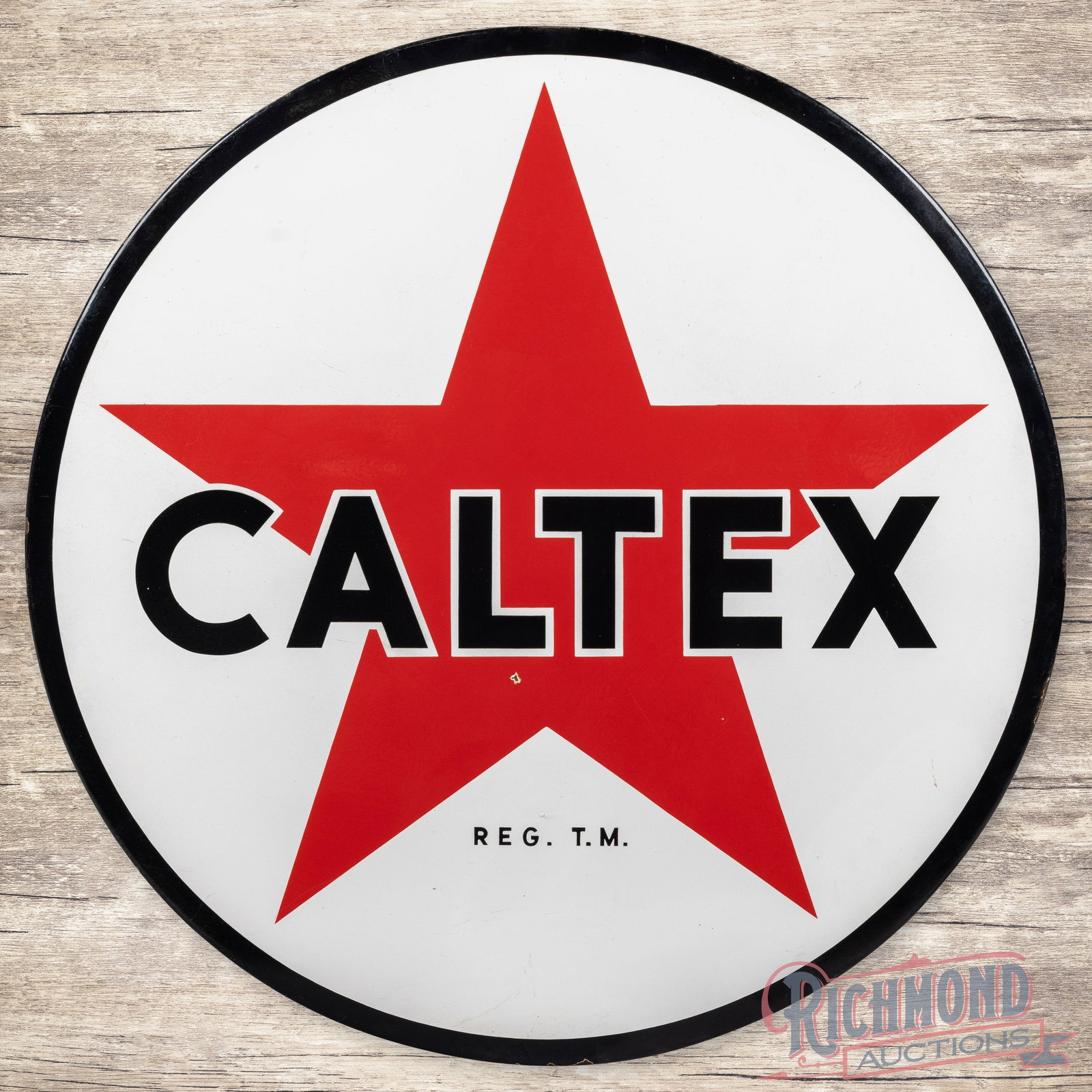 Caltex Gasoline 38" Single Sided Porcelain Sign w/ Star Logo: SSP (single sided porcelain) rolled edge sign has excellent color and gloss. The display has a small chip in the field with areas of light surface wear. The perimeter has small chips along the outer r