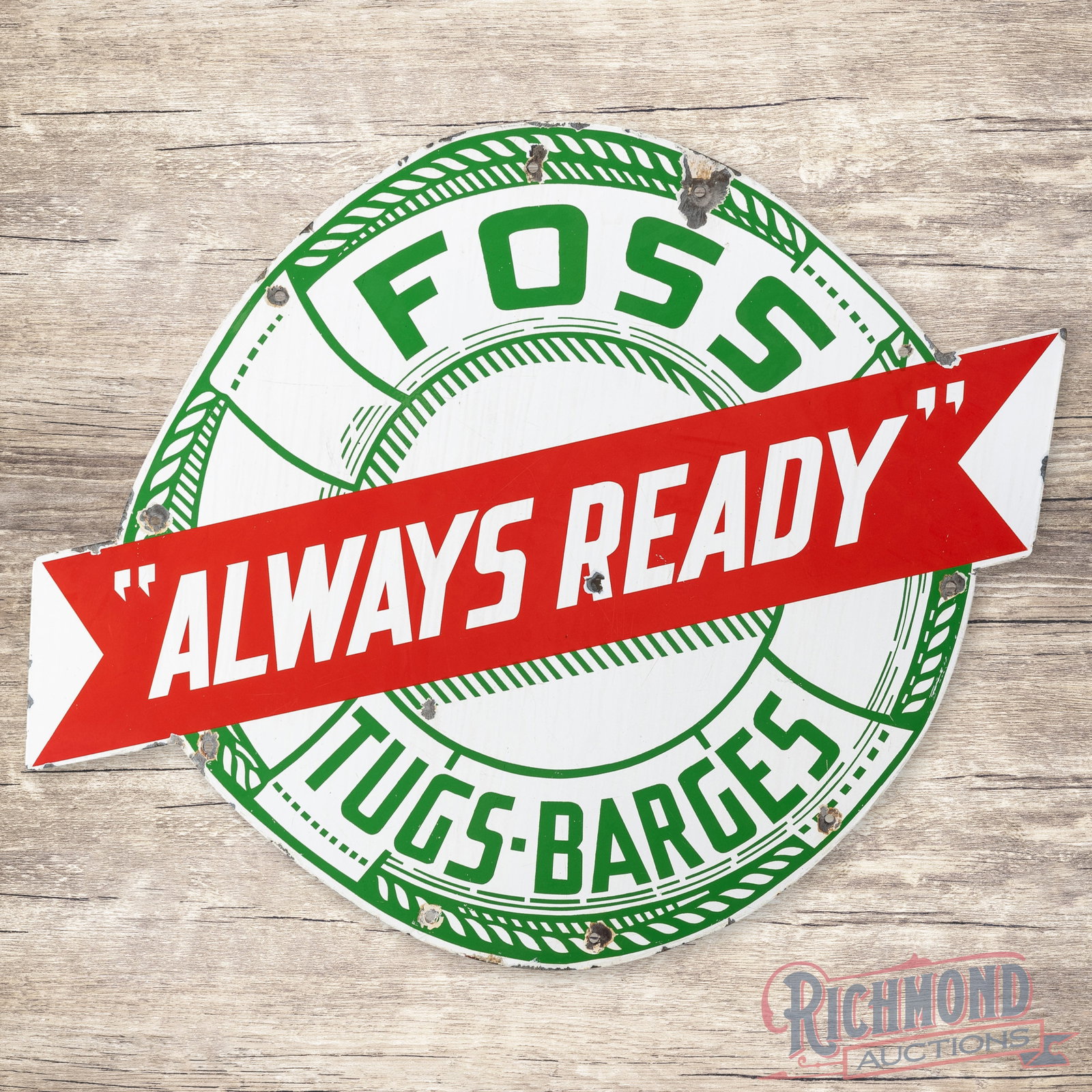 Foss Tugg Barges "Always Ready" 4' Die Cut Single Sided Porcelain Tugboat Sign: SSP (single sided porcelain) die cut sign has very good color and gloss. The sign would have originally been attached to the side of a tugboat for the Foss Maritime Company which is the largest tug an