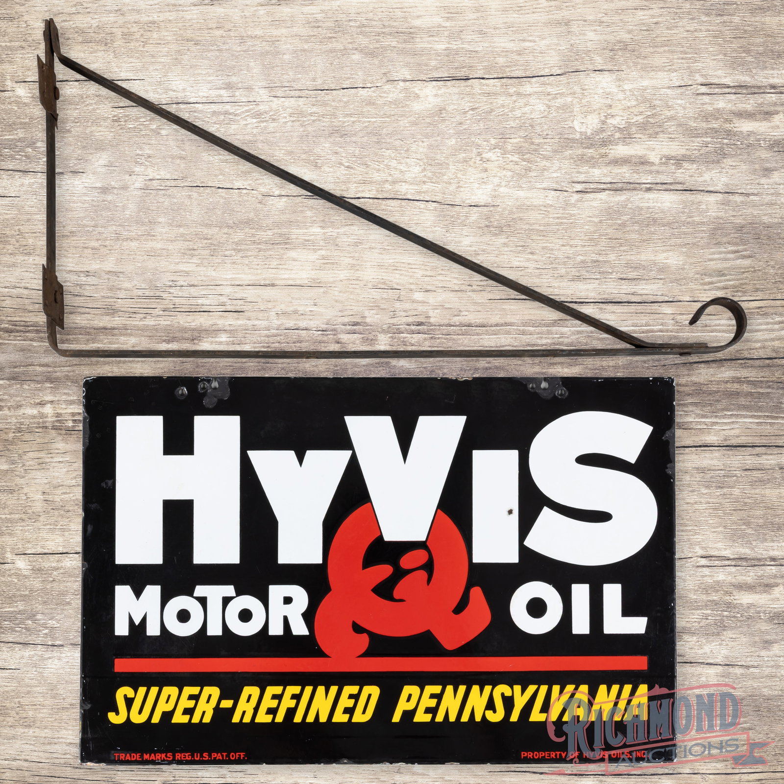 Hyvis Super Refined Pennsylvania Motor Oil Double Sided Porcelain Sign w/ Bracket: DSP (double sided porcelain) sign has good color and gloss. Side #1 has light surface wear with faint cloudiness throughout. The perimeter has added mounting holes along the upper edges with chips and