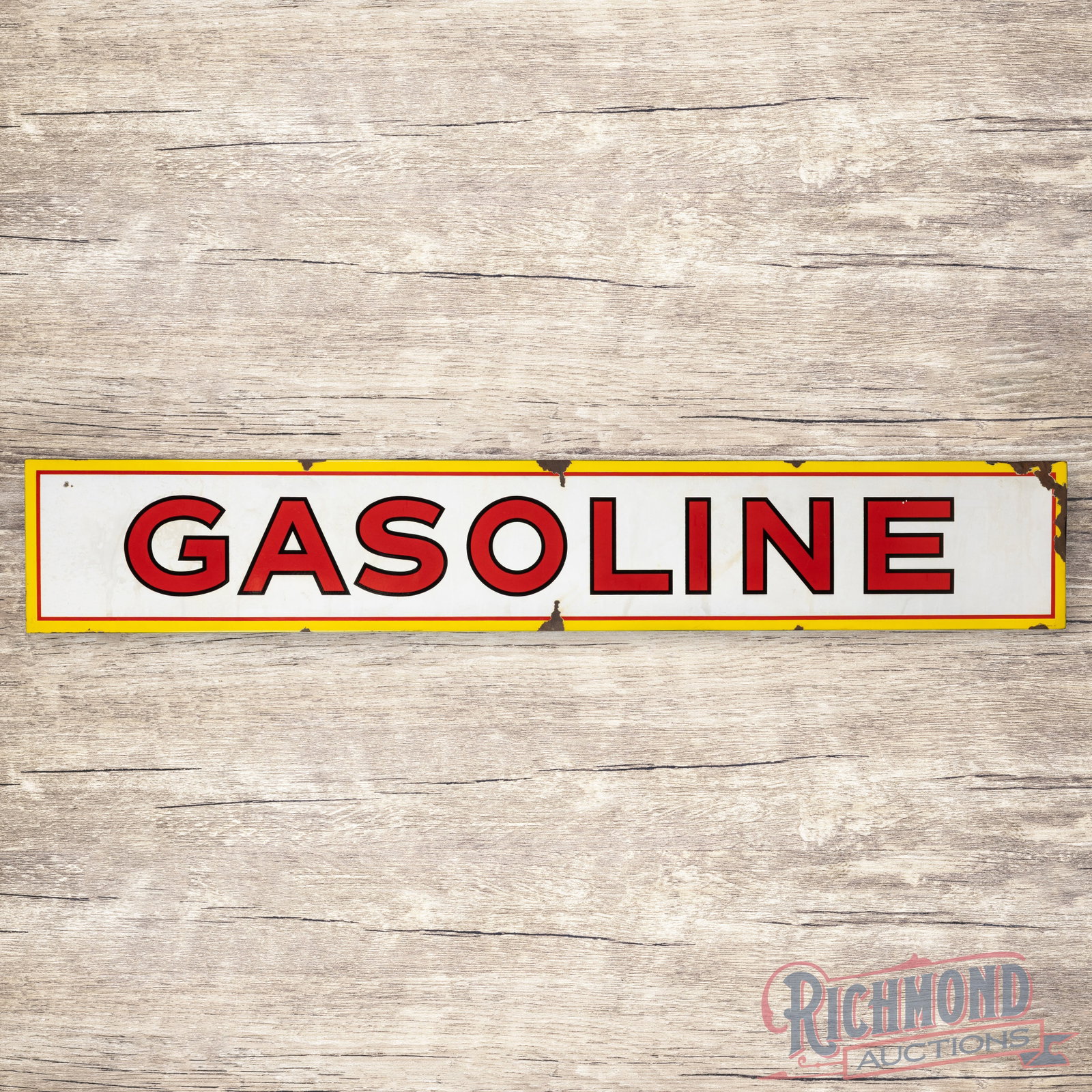 White Rose Gasoline 8' Single Sided Porcelain Service Station Sign: SSP (single sided porcelain) sign has good color and gloss. The fields have light wear with discoloration to the white porcelain enamel. The perimeter has chips with a bend on the upper right corner a