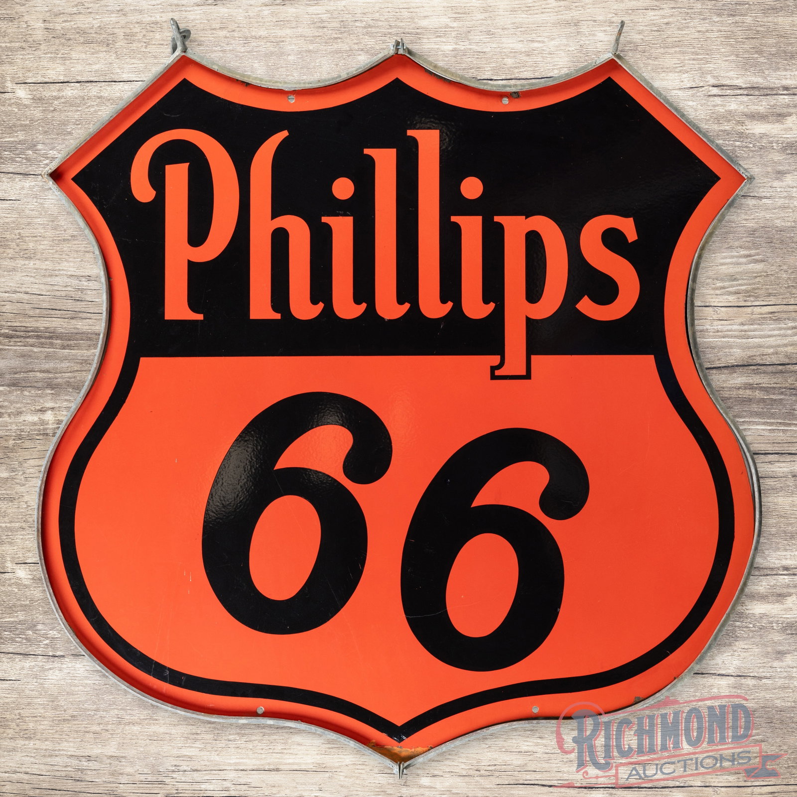 Phillips 66 Gasoline 4' Double Sided Porcelain Sign w/ Ring: DSP (double sided porcelain) die cut sign with the original metal ring has excellent color and gloss. Side #1 has light surface wear, small fine scratches and three eraser-sized color-matched chips. T