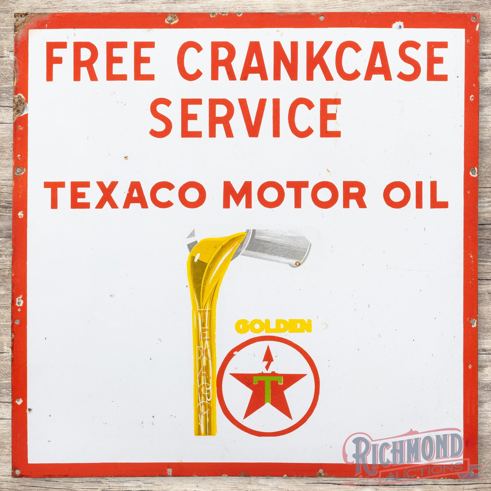 Texaco Motor Oil "Clean Clear Golden" Free Crankcase Service 30" Single Sided Porcelain Sign: SSP (single sided porcelain) sign has very good color and gloss. The display has light wear with chips in the fields. The perimeter has chips at some of the mounting holes, edges and a tiny area of lo