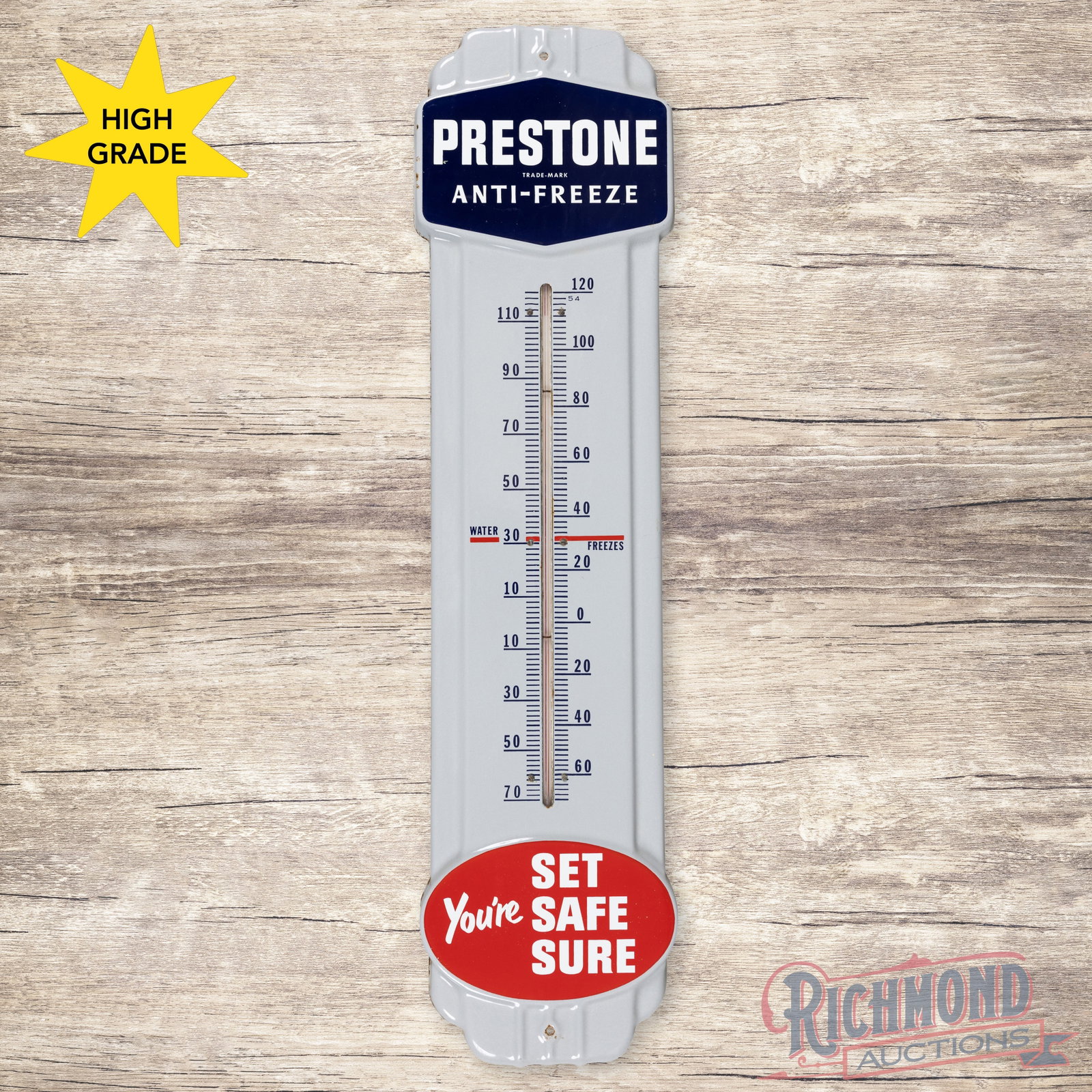 Prestone Anti Freeze You're Set Safe Sure 3' Single Sided Porcelain Thermometer: SSP (single sided porcelain) die cut thermometer has excellent color and gloss. The tube is present however the mercury has separated. The field is clean with two small nicks near the edge of the "P" 