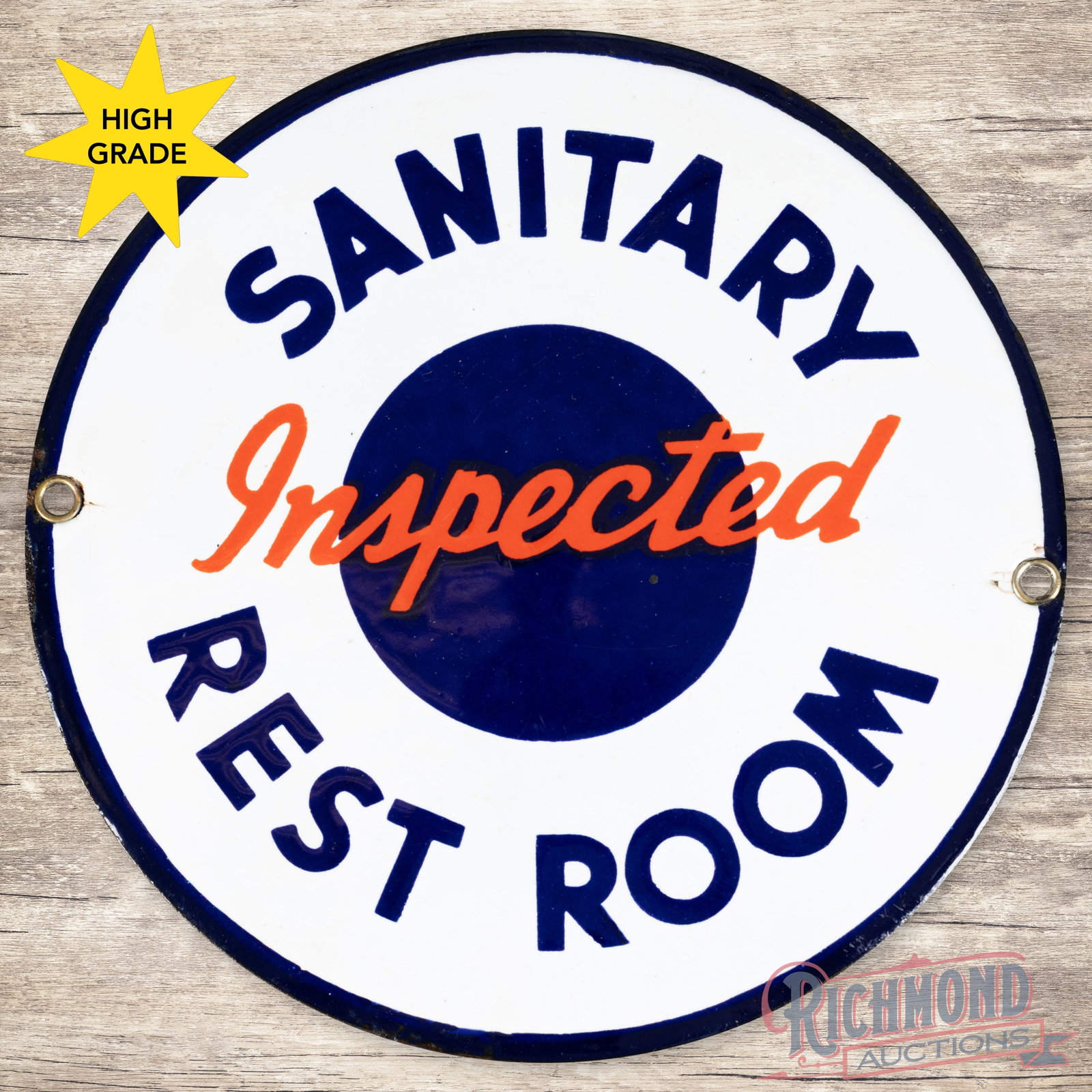 Amoco Sanitary Inspected Rest Room Convex 7" Single Sided Porcelain Sign: SSP (single sided porcelain) sign has excellent color and gloss. The field has light wear with fine scratches. The perimeter has tiny chips and crazed marks near the mounting holes. Both factory gromm