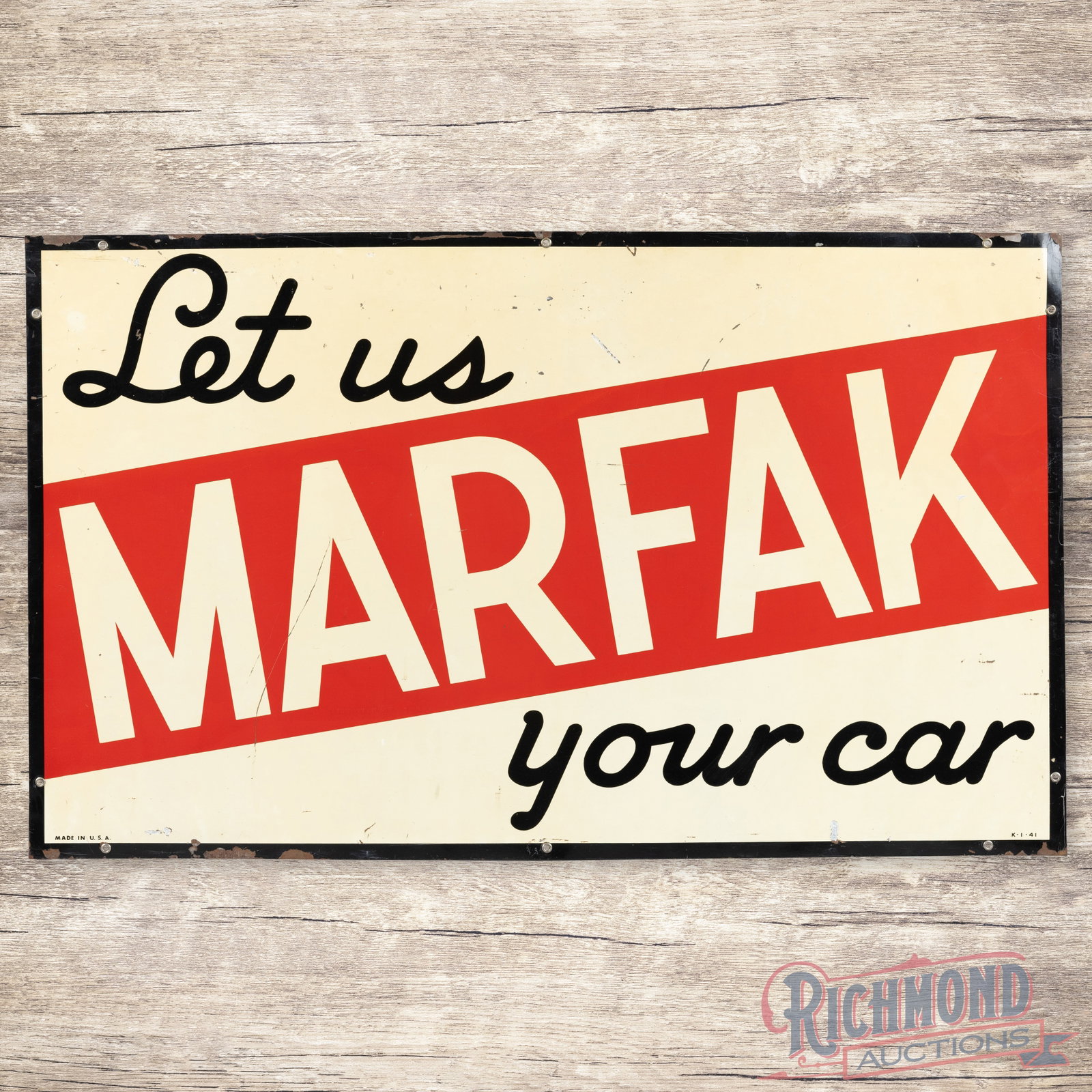 1941 Texaco Let us Marfak Your Car Single Sided Tin Sign: SST (single sided tin) sign has very good color and shine. The display has scratches with paint chips. The outer field has a few areas where the paint chips have an applied color match. The outer edge
