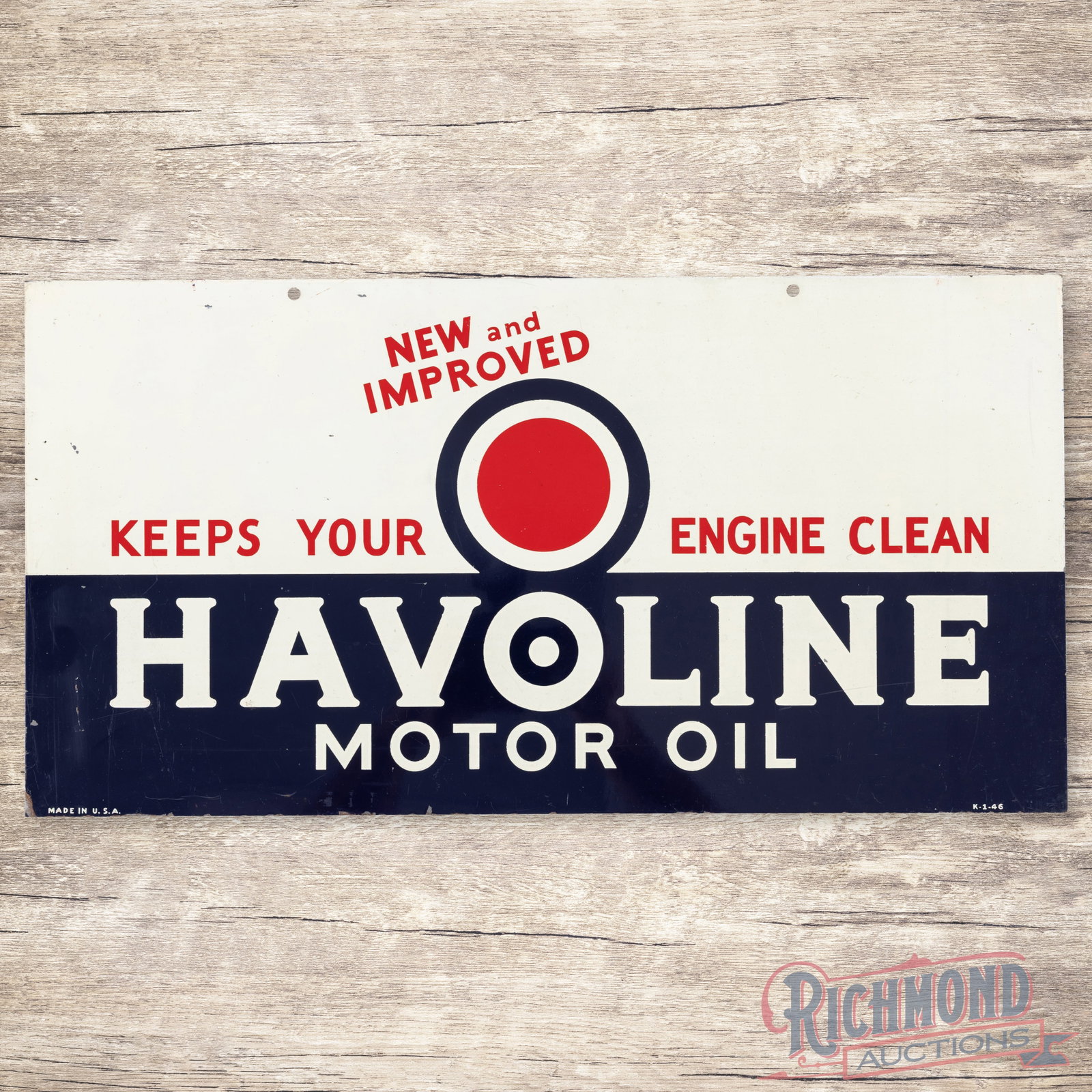 1946 Havoline Motor Oil "Keeps Your Motor Clean" Double Sided Tin Sign w/ Bullseye: DST (double sided tin) sign has excellent color and shine. Side #1 has light wear with small paint chips in the fields. The perimeter has additional paint chips with a bend on the upper left corner an