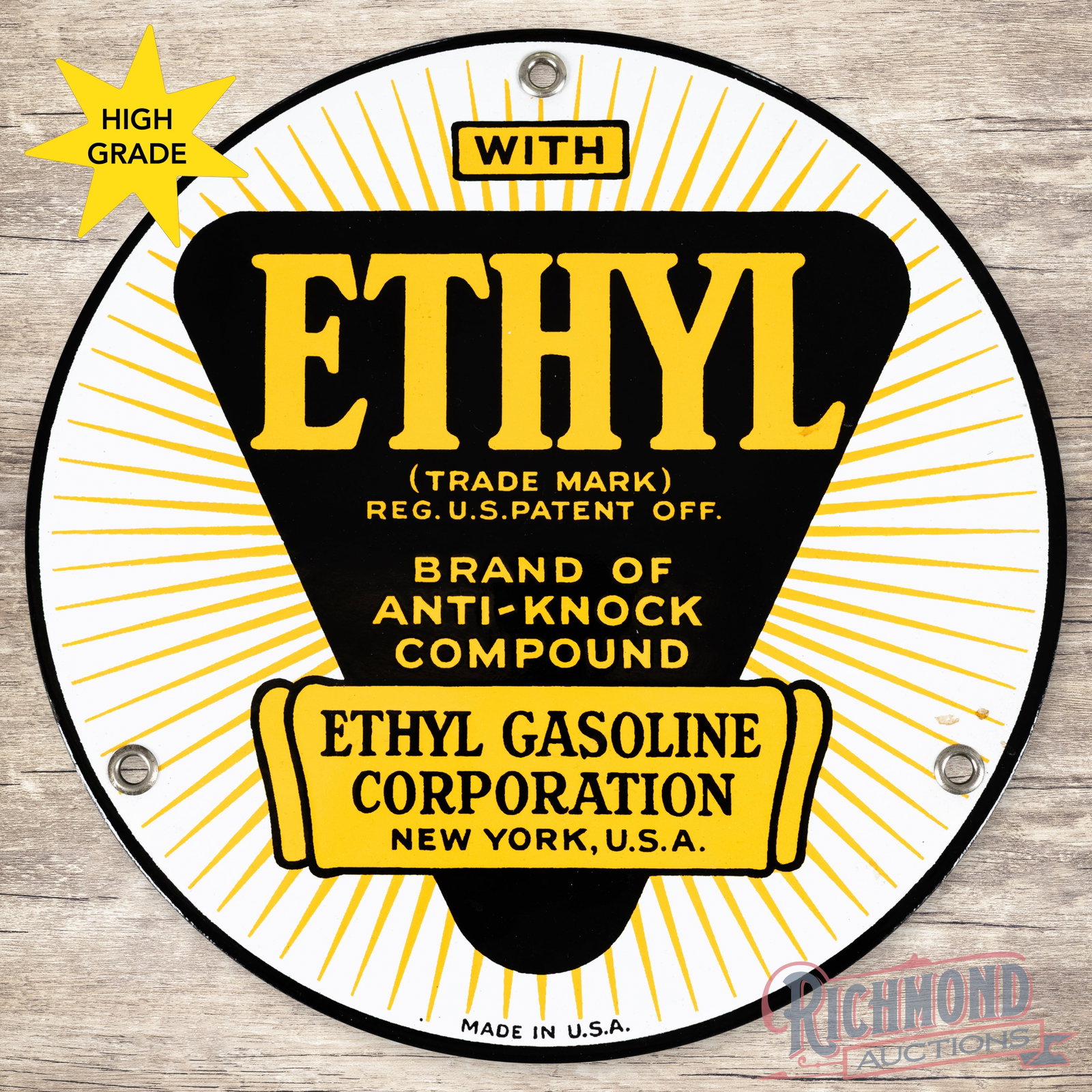 Ethyl Gasoline Corporation 8" Single Sided Porcelain Pump Plate Logo Sign: SSP (single sided porcelain) sign has day one color and gloss. The field and perimeter are exceptionally clean and all of the factory grommets are present. Marked Made in U.S.A. 8" H. Condition: 9.75 