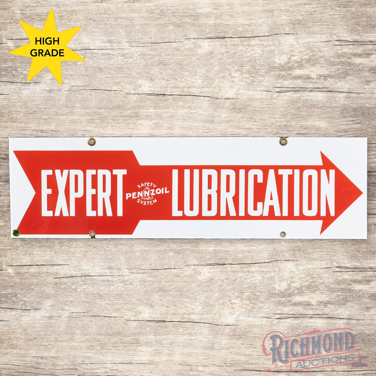 Pennzoil Perfect Lubrication Double Sided Porcelain Arrow Sign w/ Logo: DSP (double sided porcelain) sign has excellent color and gloss. Side #1 has a clean field with a tiny chip on the lower edge. The reverse has a chip above the logo and a chip at the upper right hand 