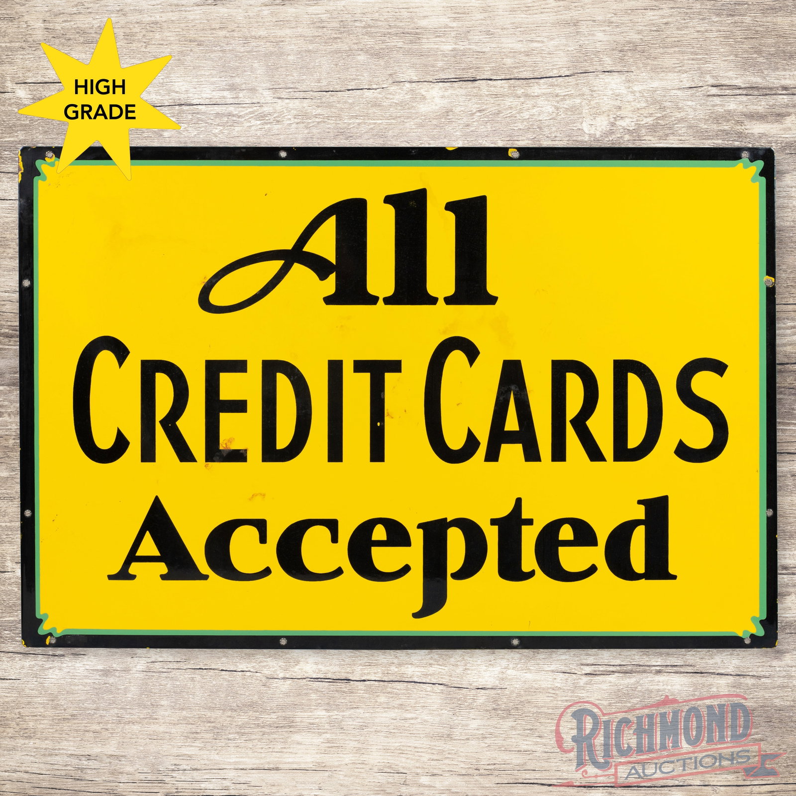 Rare Cliff Brice All Credit Cards Accepted 36" Double Sided Porcelain Sign Pueblo Colorado: DSP (double sided porcelain) sign has excellent color and gloss. The display has a clean field. The perimeter has a few minor areas of color match on the green border with chips along the outer edges.