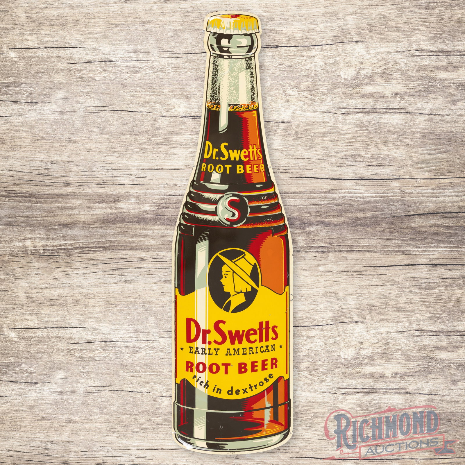 Dr. Swetts Root Beer 44" Emb. Single Sided Tin Bottle Sign: SST (single sided tin) die cut embossed sign has excellent color and shine. The display has faint paper marks with light wear and small paint chips in the lower lettering. The lower and upper outer fi