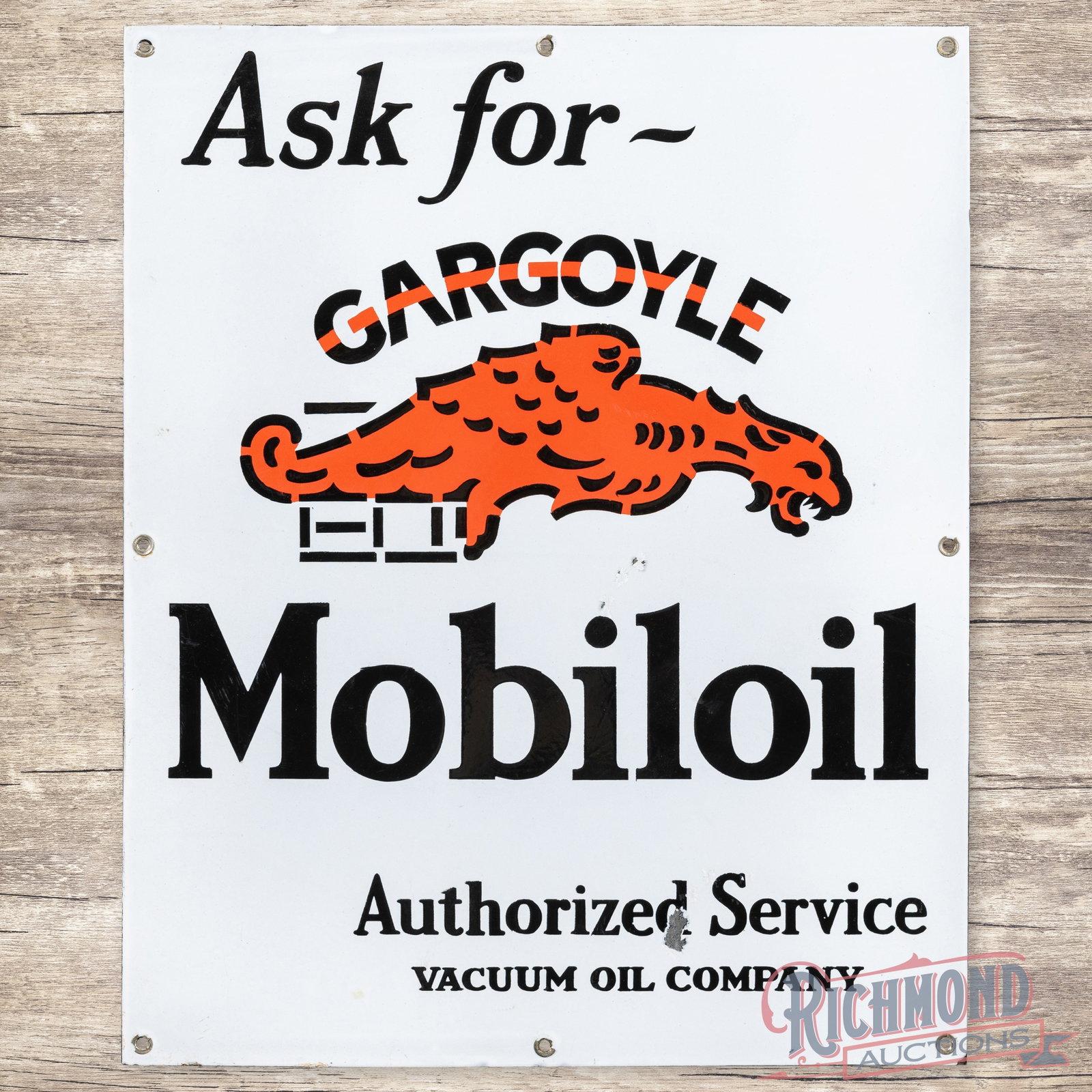 Ask for Gargoyle Mobiloil Authorized Service Single Sided Porcelain Logo Sign: SSP (single sided porcelain) sign has excellent color and gloss. The display has small chips with crazing above the first "I" in Mobiloil and another chip in the "D" of Authorized. The perimeter has a