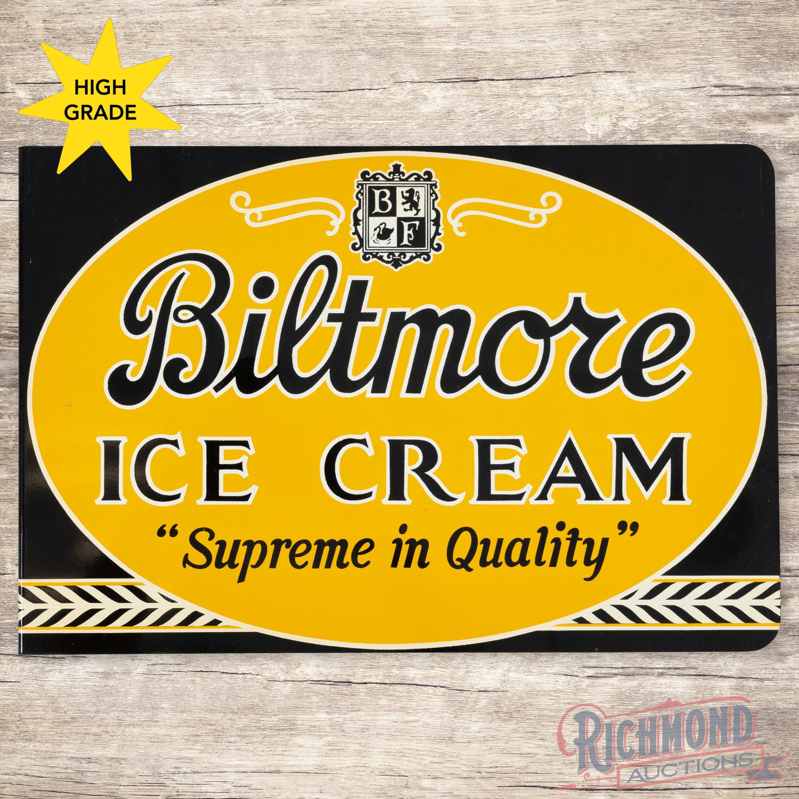 1958 Biltmore Ice Cream "Supreme in Quality" Double Sided Tin Flange Sign w/ Logo: DST (double sided tin) flange has day one color and shine. Side #1 has a clean field with a few tiny fine scratches in the outer right fields. The reverse has a small nick in the left outer field with