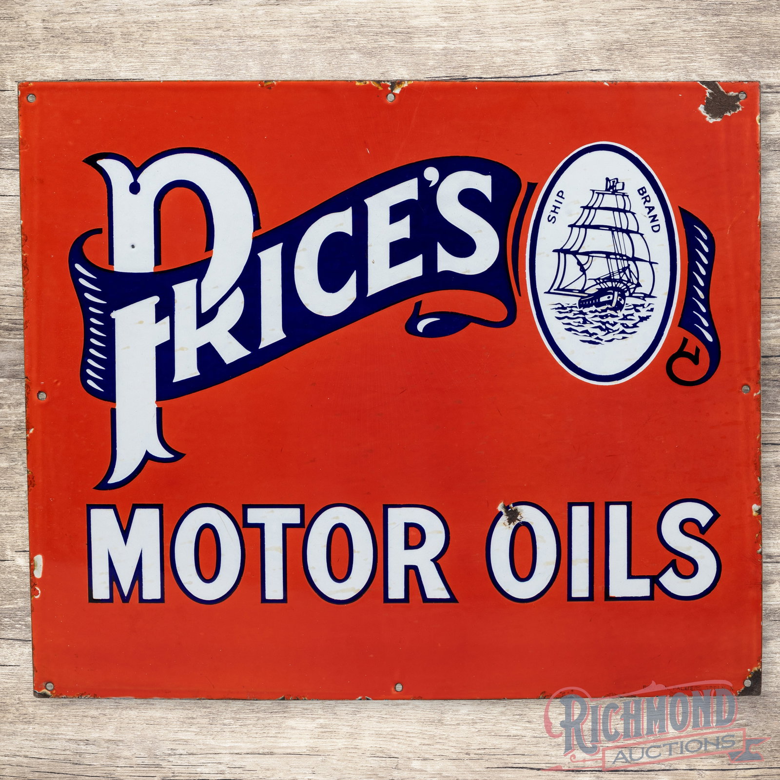 Price's Motor Oils Single Sided Porcelain Sign w/ Ship Logo: SSP (single sided porcelain) sign has very good color and gloss. The display has a small factory blemish in the "P", a chip in the "O" of Oils, and small areas of discoloration to the white porcelain 