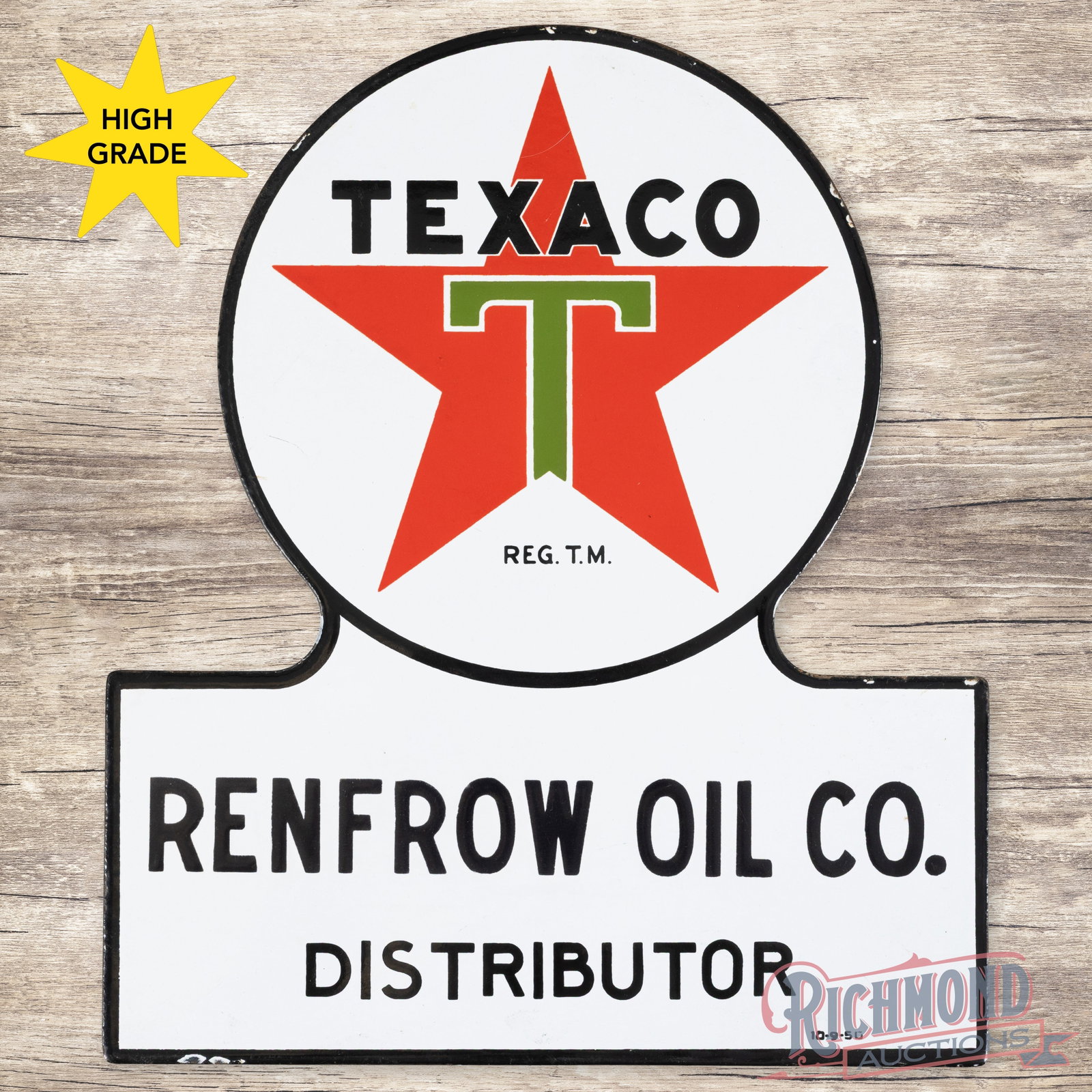 1950 Texaco Renfrow Oil Co. Distributor Single Sided Porcelain Keyhole Truck Door Sign: SSP (single sided porcelain) keyhole shaped sign has excellent color and gloss. The field is clean with a few minor fine scratches in the outer fields. The perimeter has minor chips along the outer ed